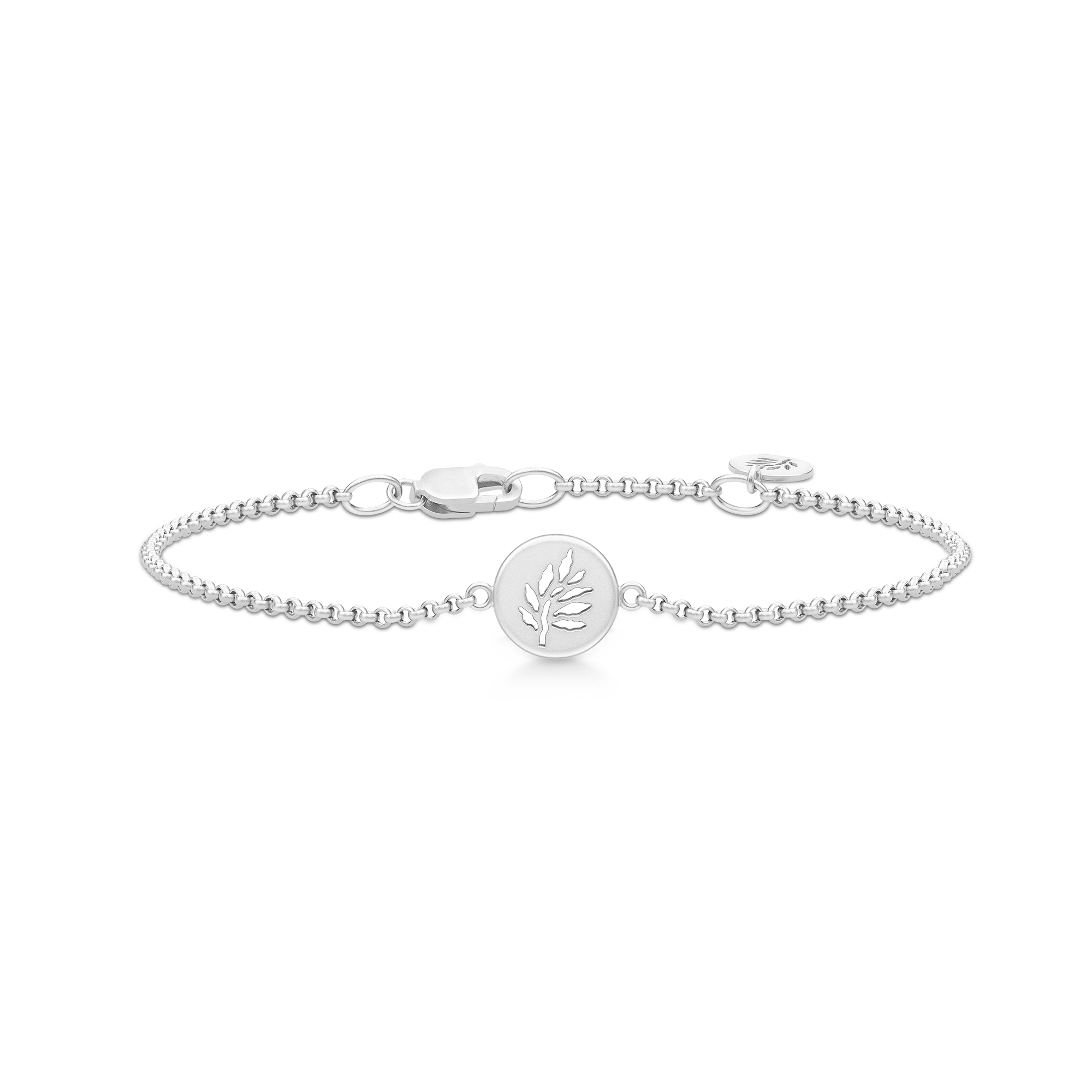 Signature Bracelet i satinrhodineret sølv, kædearmbånd med rund vedhæng med udskåret bladmotiv.