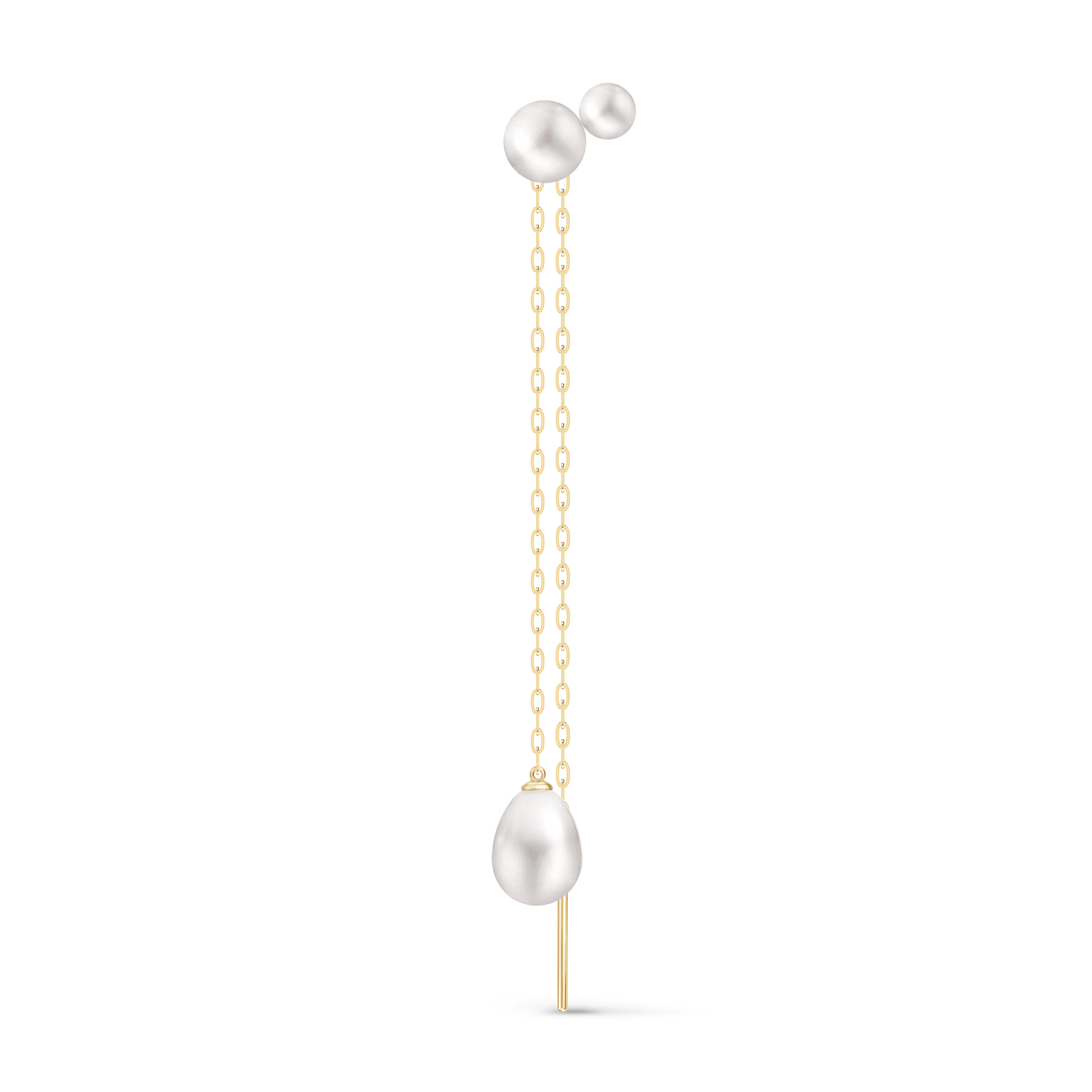 Edna Duo Ear Pendant Look – perlestud og perle-trådøredobb i 14 karat guld