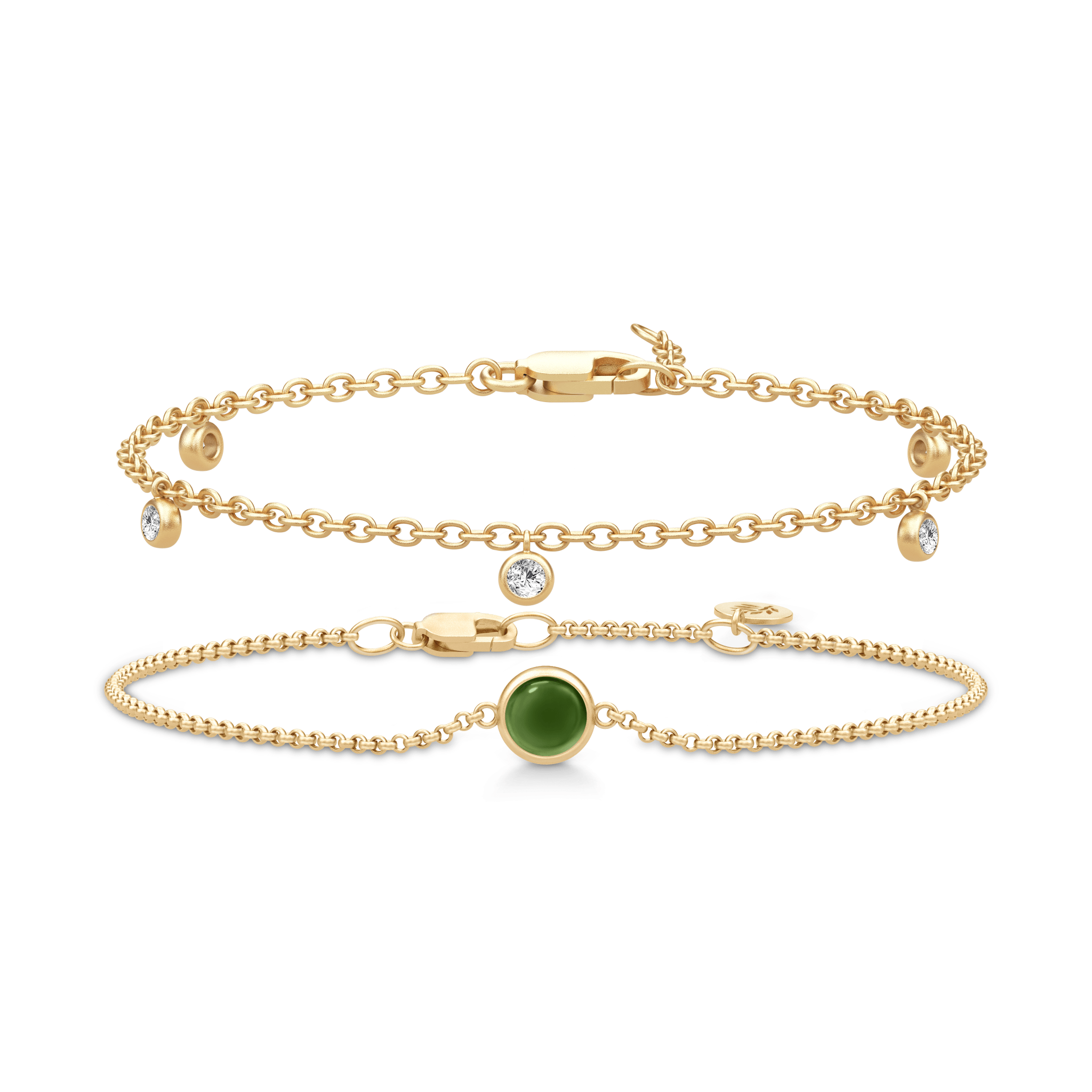 Primini and Grace Bracelet Look - to lagdelte armbånd i forgyldt sølv med grøn sten og zirkoniaer