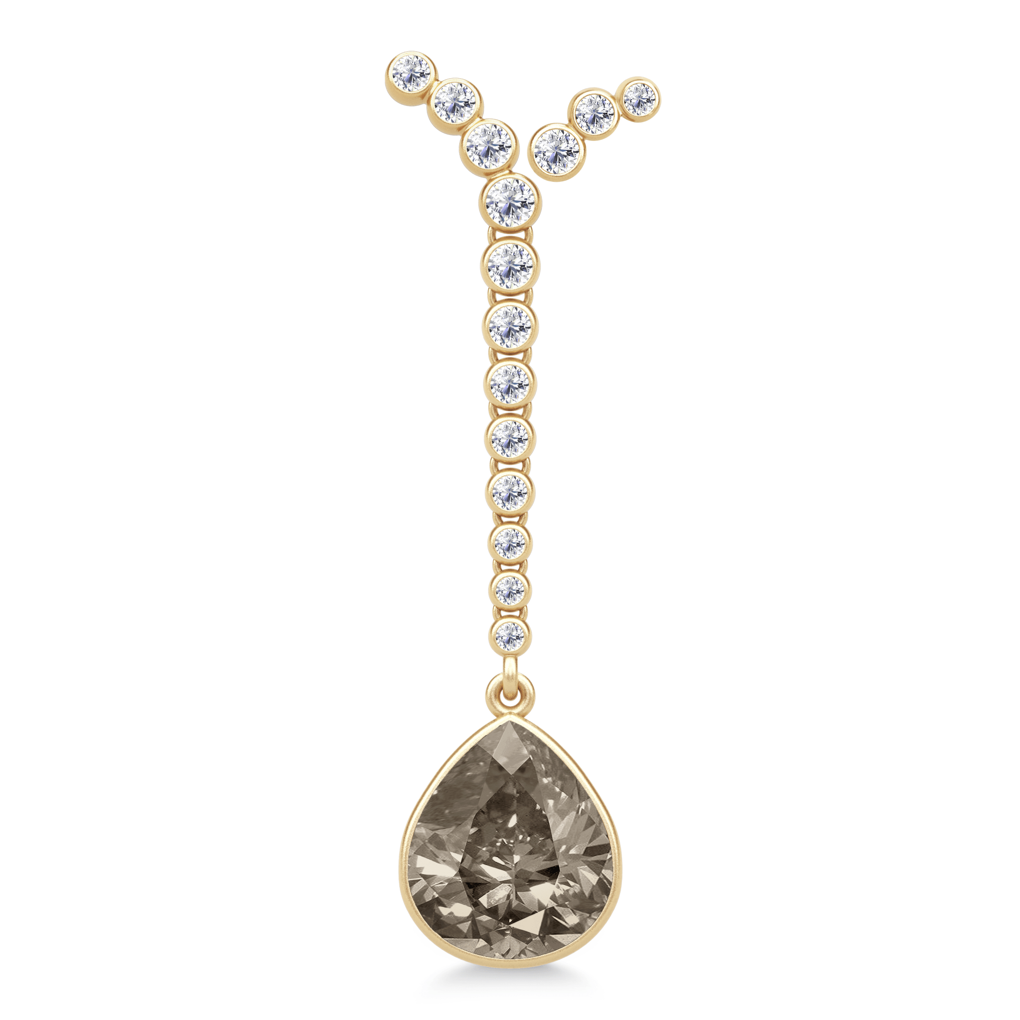 Lumi Combination 4 – Y-formet smykke i 18K guld med runde diamanter og en pear-slebet sten i gråbrun/røget nuance, product shot.