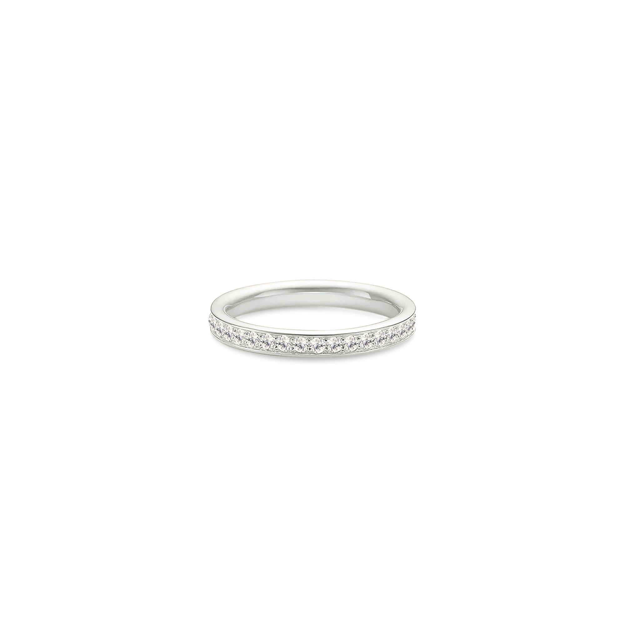 Elegance Band ring i 18 kt hvidguld med brillantslebne diamanter hele vejen rundt, still-foto på hvid baggrund