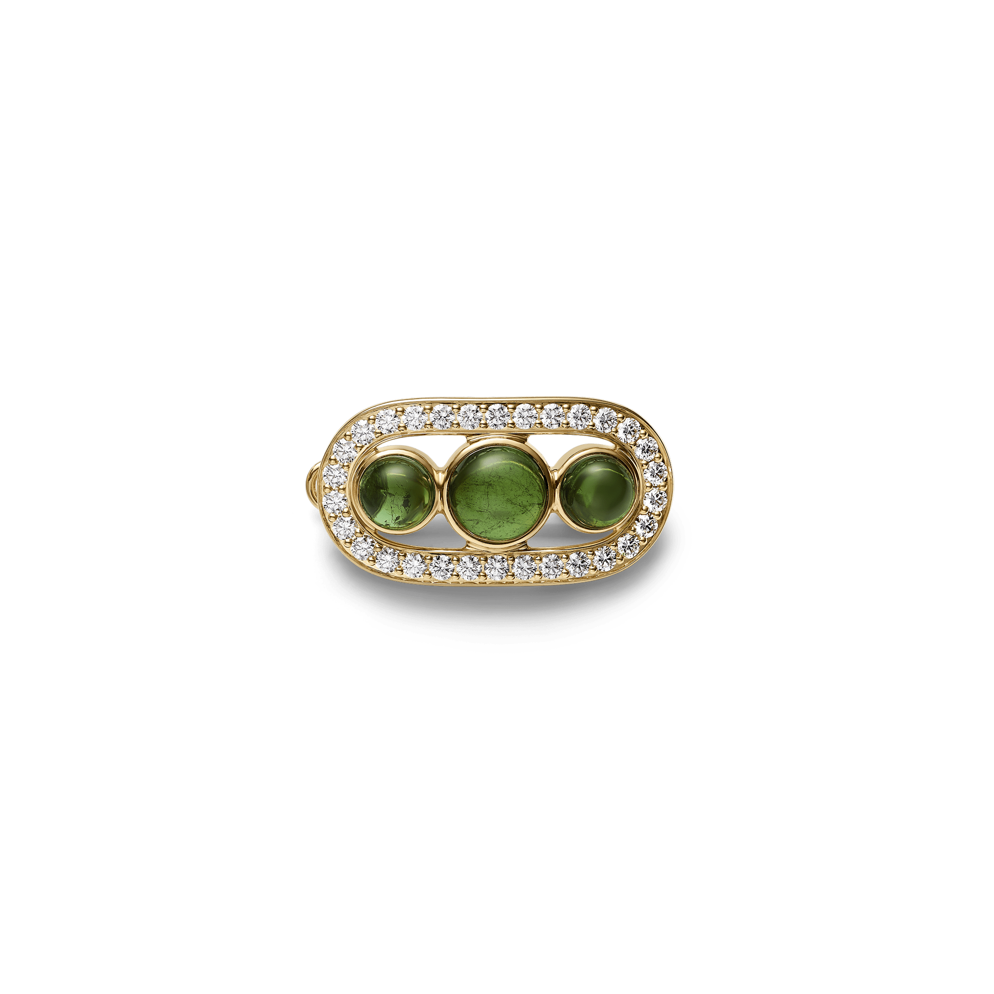 Heritage Hair Clip i 18K guld, nærbillede af ét hårspænde med tre grønne cabochon-sten omkranset af diamanter