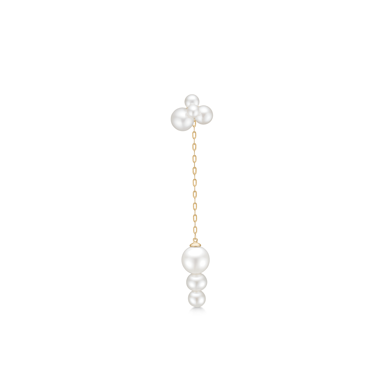 Edna Ear Pendant Look: perleklynge-ørering i guld med kæde og hængende ferskvandsperler i aftagende størrelse.
