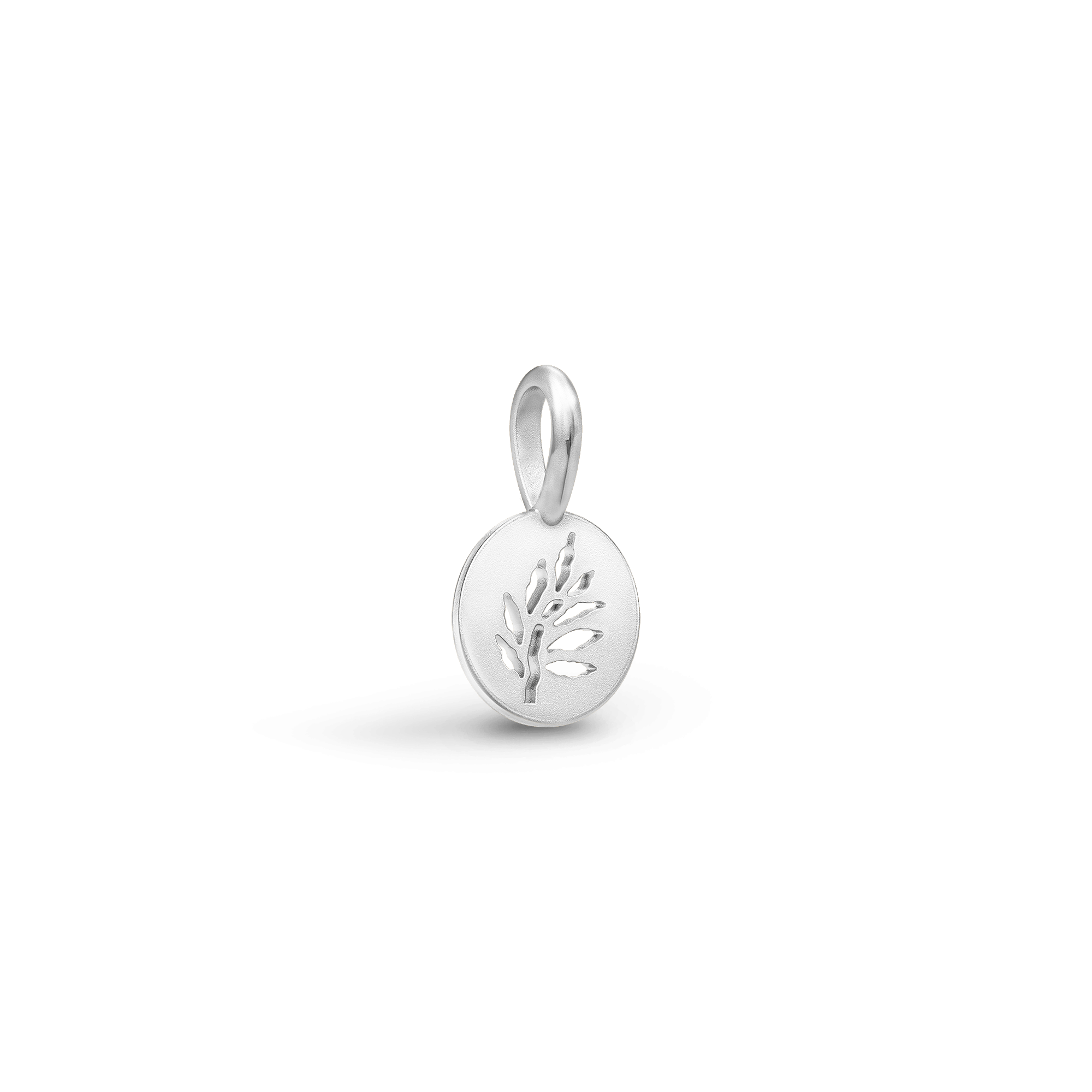 Signature Pendant Small i satineret rhodineret sølv med udskåret træmotiv, set fra siden