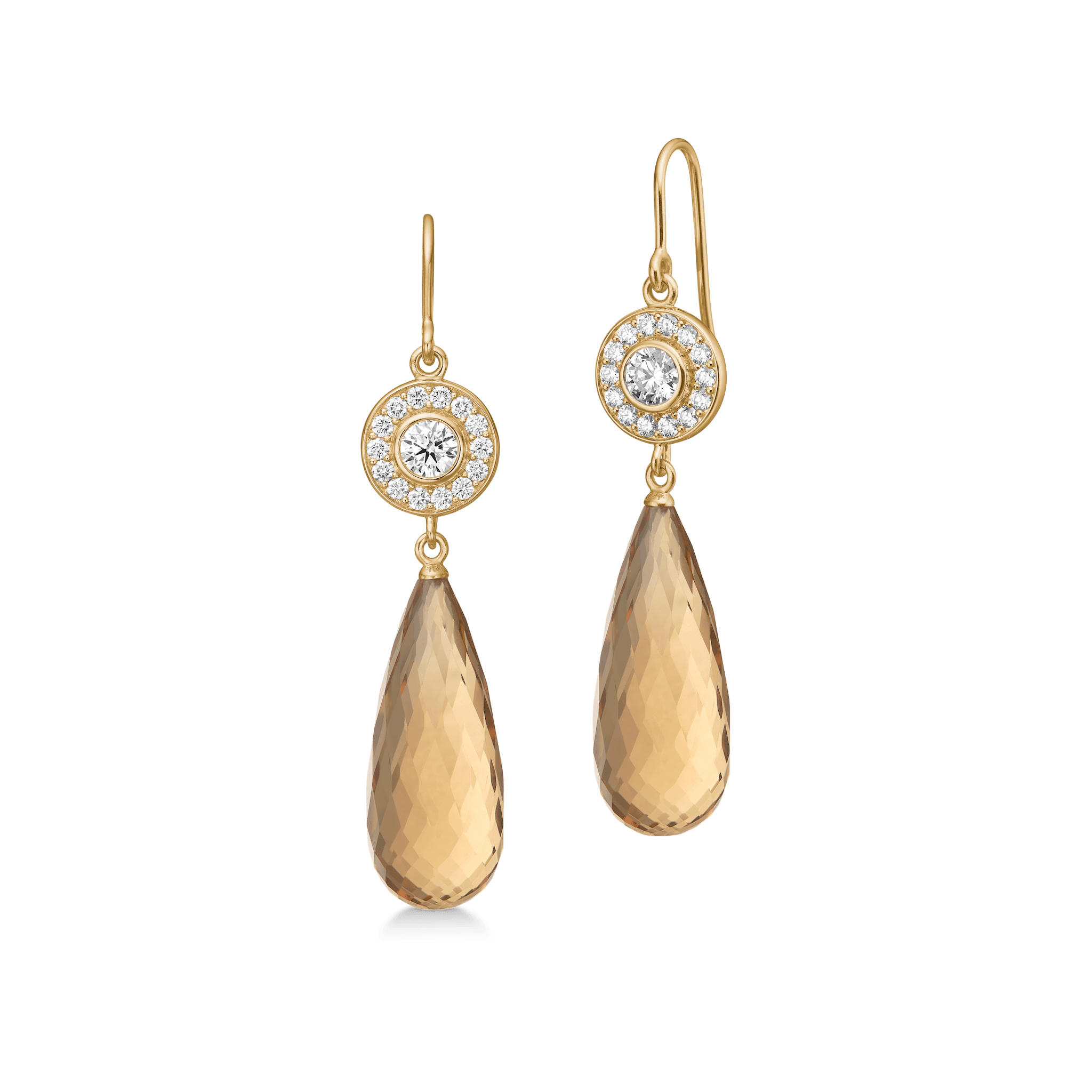 Heritage-øreringe i 18kt guld med diamanthalo og aftagelige Champagne Quartz-briolette-dråber, produktfoto