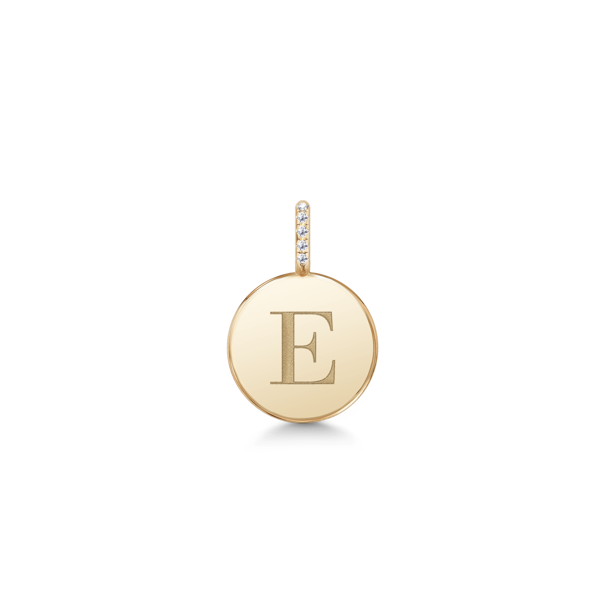 Love Letter Pendant i 14K guld med indgraveret bogstavet E og diamantbesat øsken