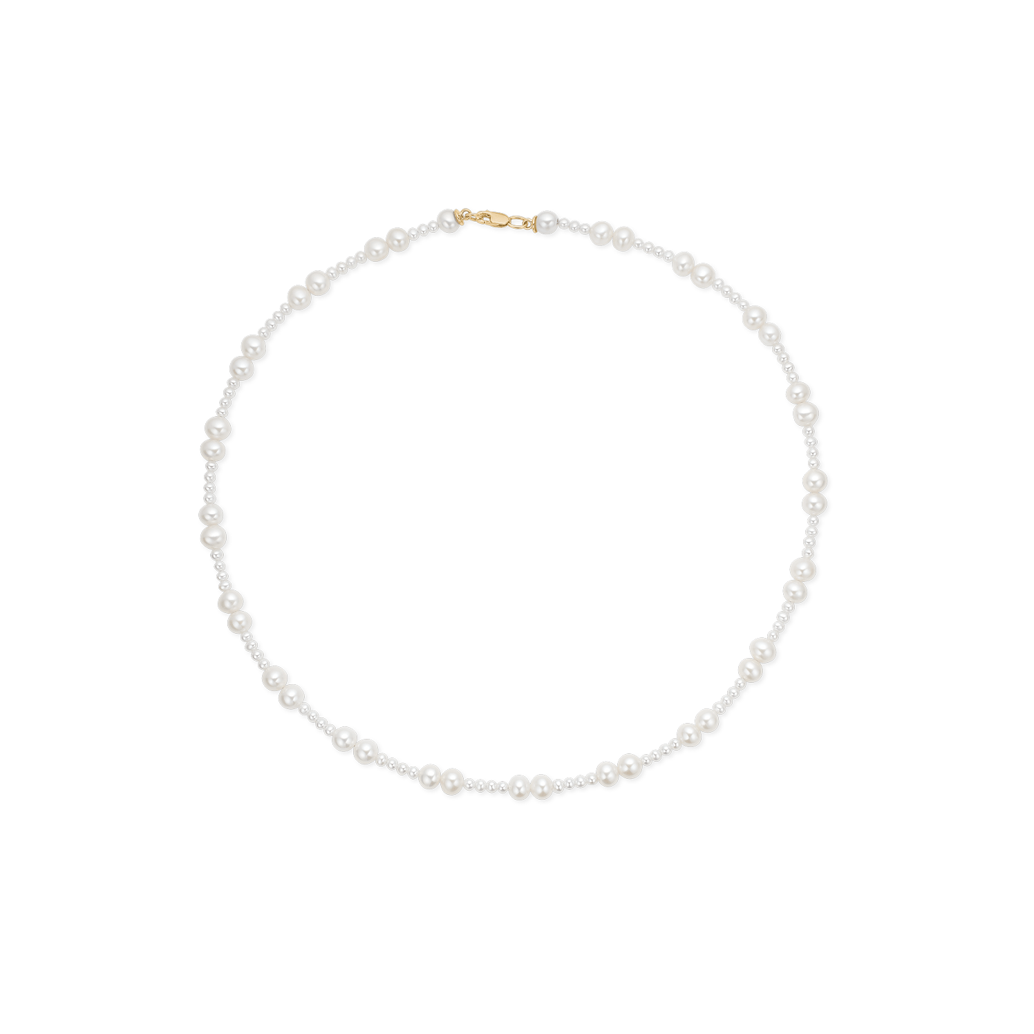 Eden Necklace i 14K guld med ferskvandsperler i varierende størrelser, set ovenfra i cirkel