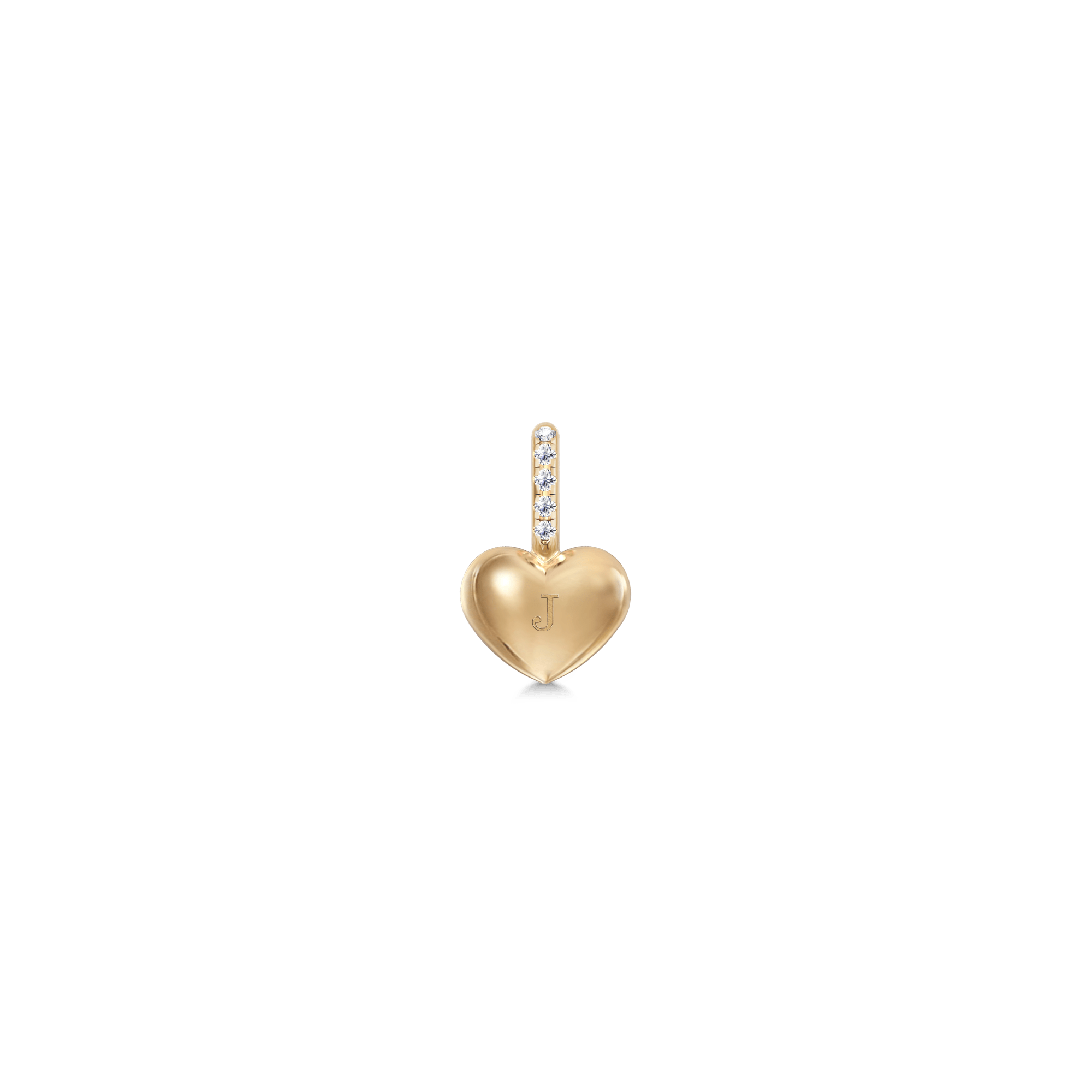 Pure Love hjertevedhæng i guld med graveret bogstav J og diamantbesat bøjle