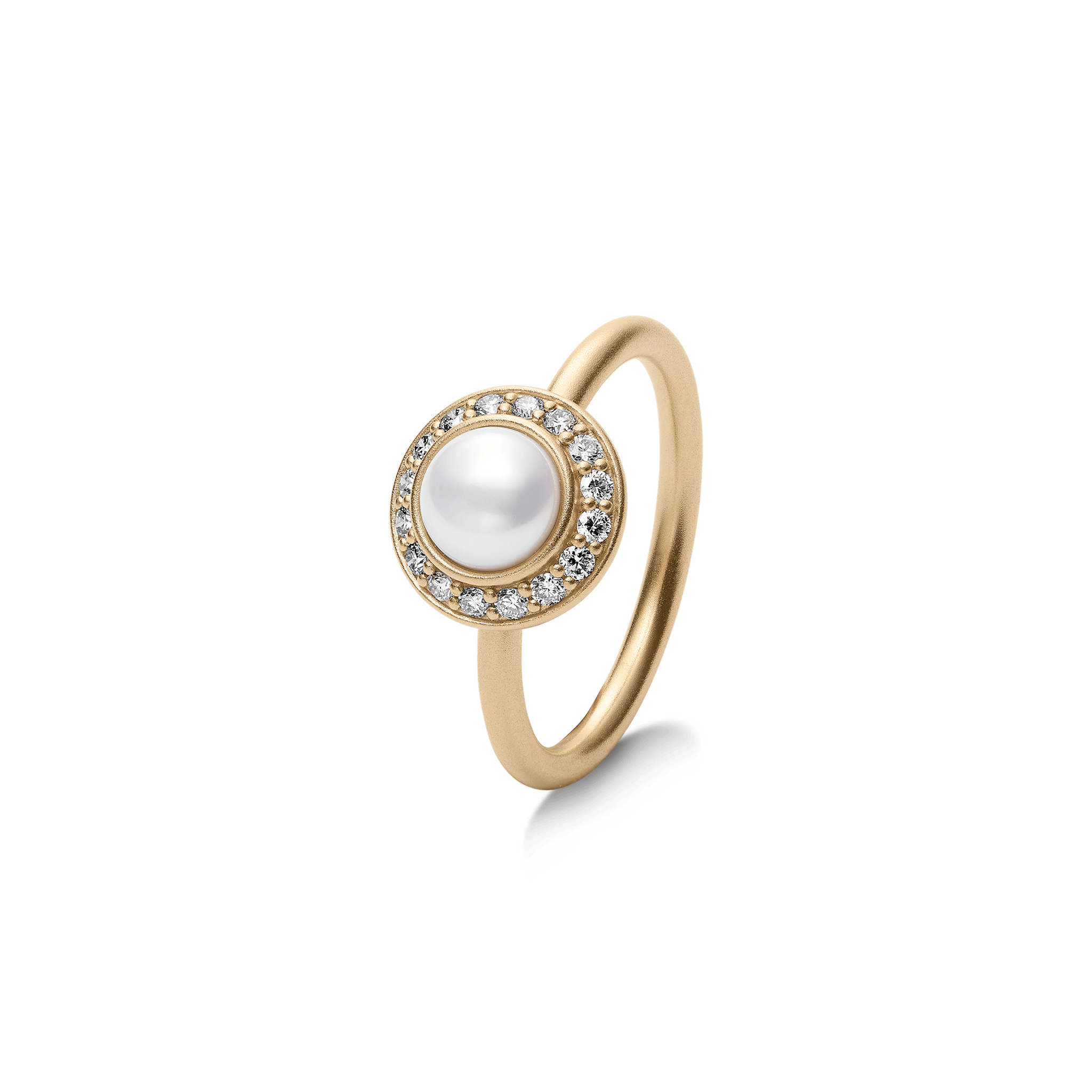 Elaine Ring i 14K guld med hvid ferskvandsperle og diamantkant, vinklet