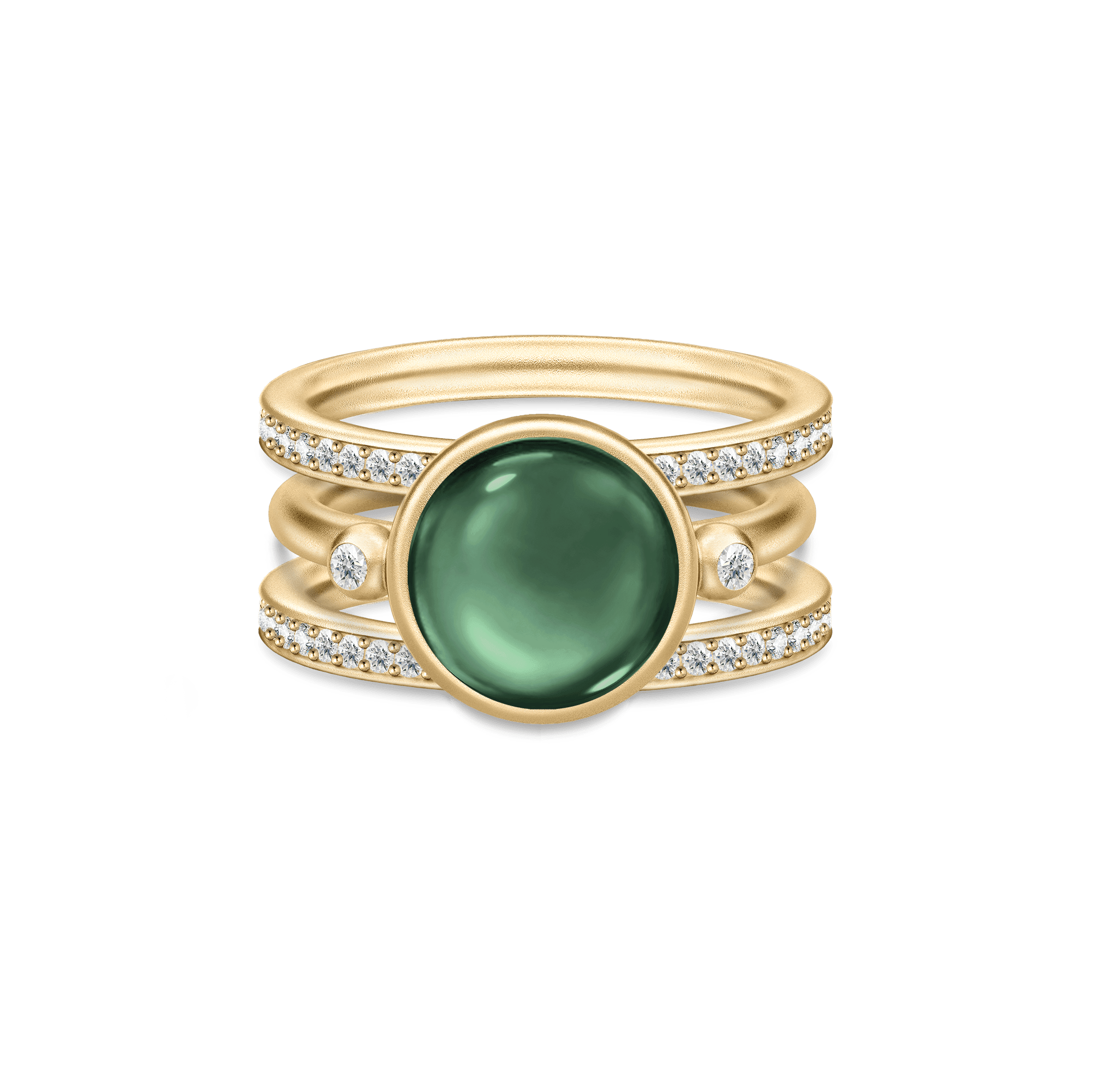 Prime double Infinity Look: tre sammensatte guldringe med grøn cabochon-sten i midten og diamantbesatte sidebånd
