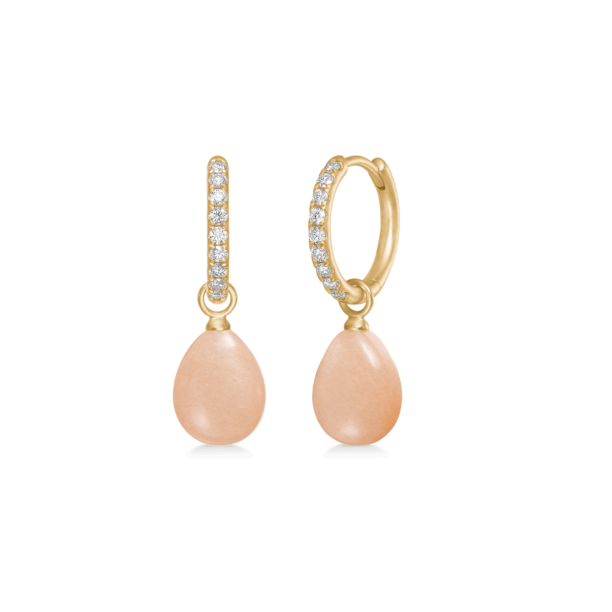 Elina Ear Pendant fra Julie Sandlau i guld med en dråbeformet rosa månesten stylet på en hoop med diamanter, par set forfra