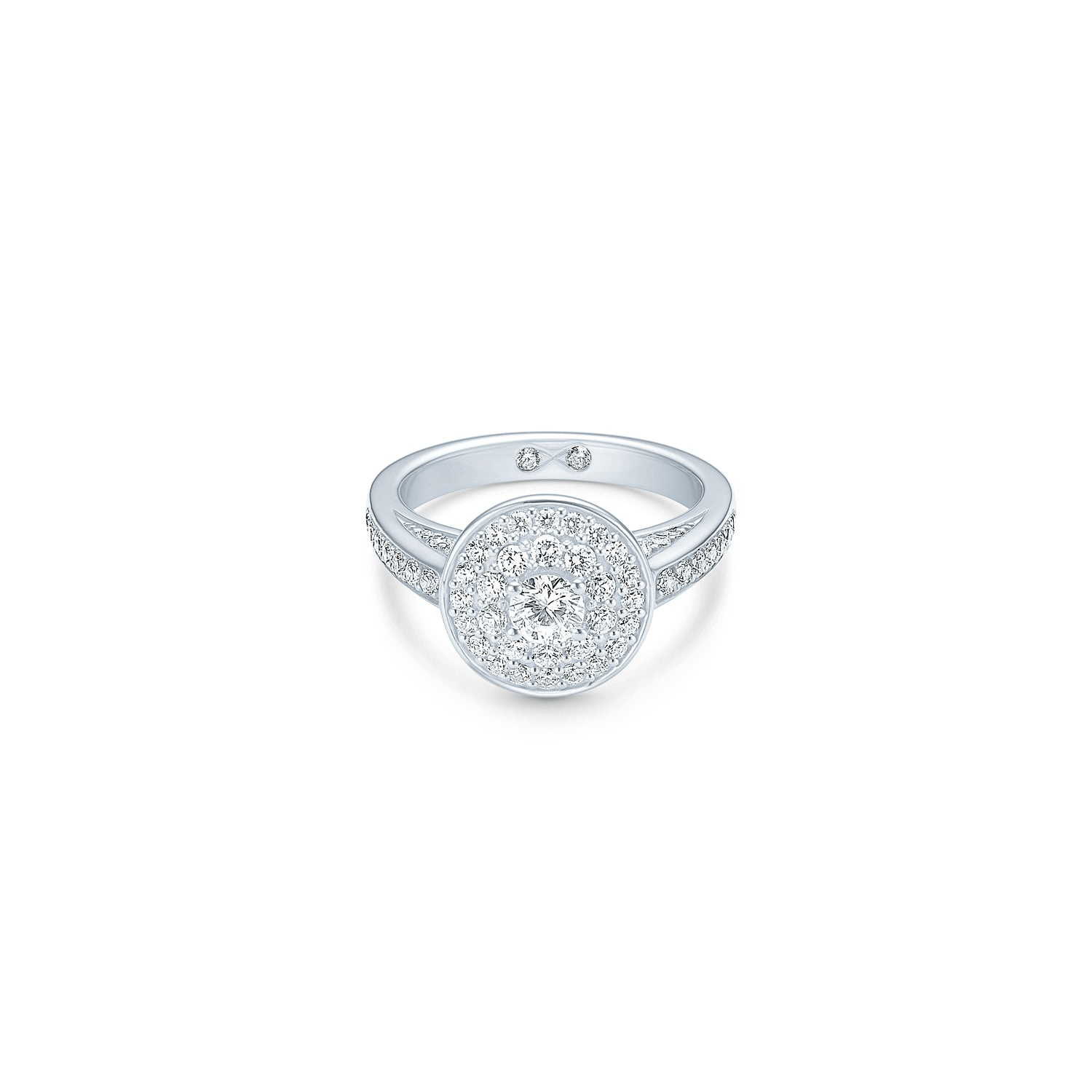 Eternity diamantring i hvidguld med halo af diamanter, forfra