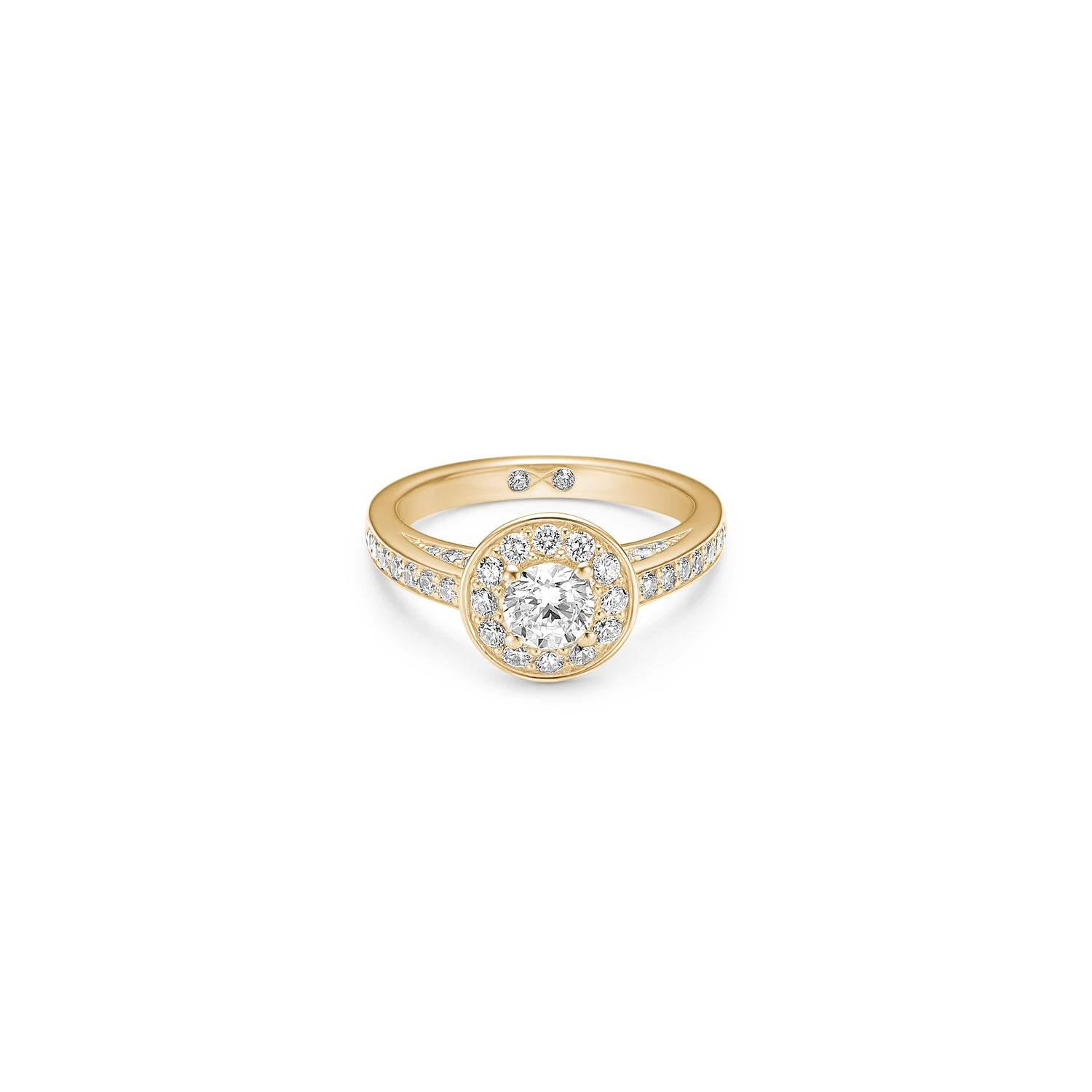 Eternity Diamond forlovelsesring fra Julie Sandlau i 18 karat guld med rund diamant omkranset af en diamantbesat halo.