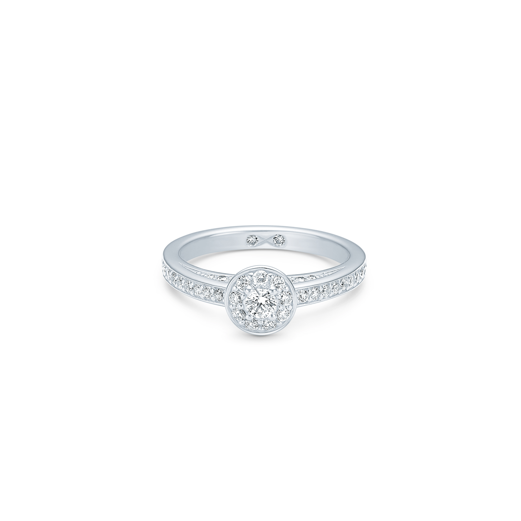 Eternity Diamond forlovelsesring i 18 karat hvidguld med halo-fatning og diamantbesat skaft