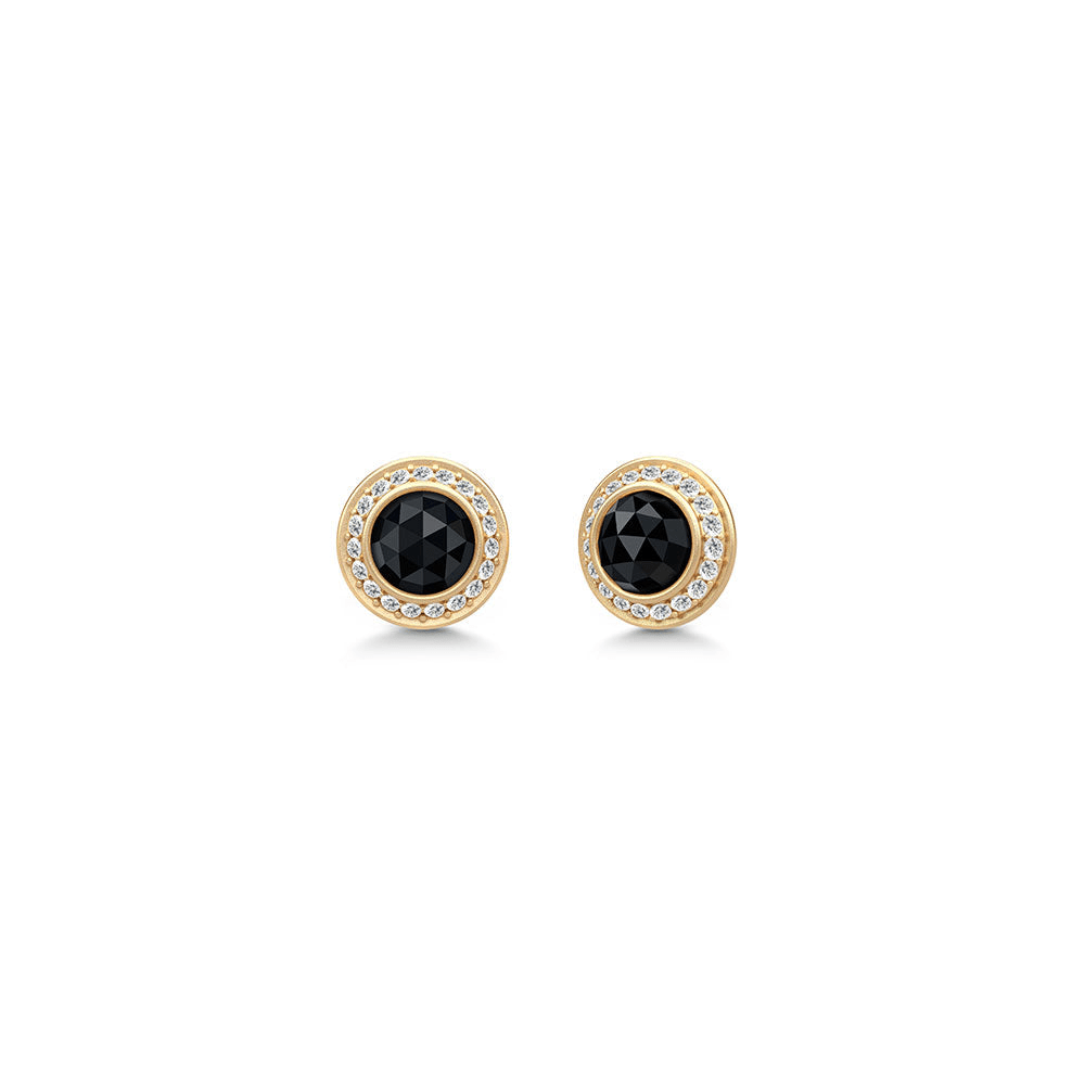 Par gyldne ørestikker med sort onyx omkranset af zirkoniasten, Divine Earstuds fra Julie Sandlau