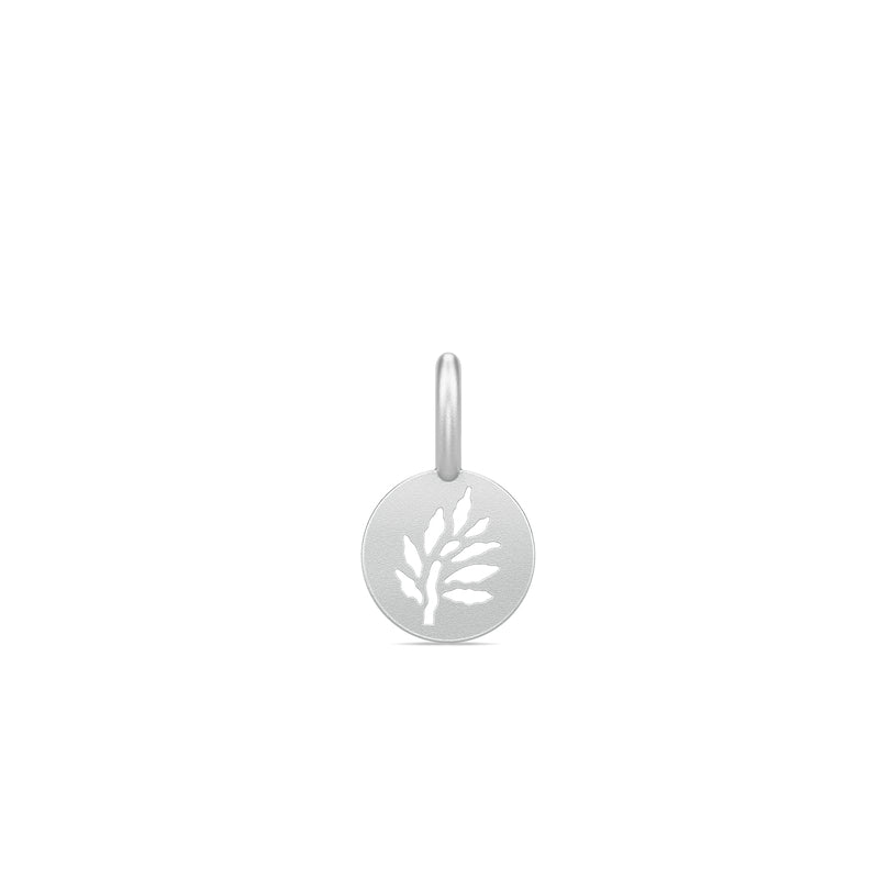 Signature Pendant Small i satineret rhodineret sølv med udskåret træmotiv, set forfra