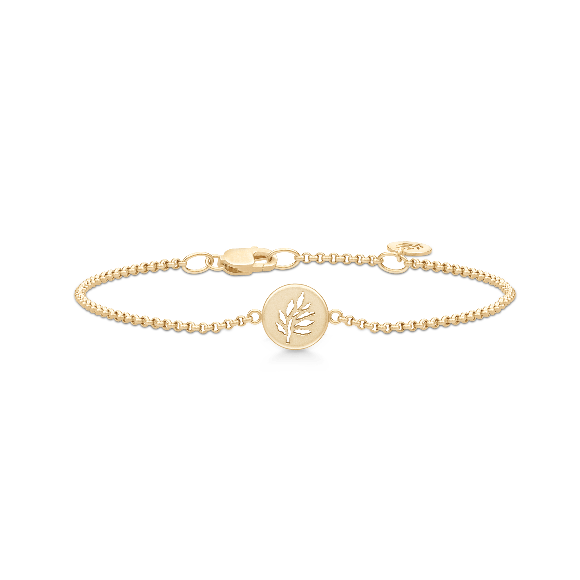 Signature Armbånd i forgyldt 925 sterling sølv med rundt vedhæng formet som gren/blad, product shot.