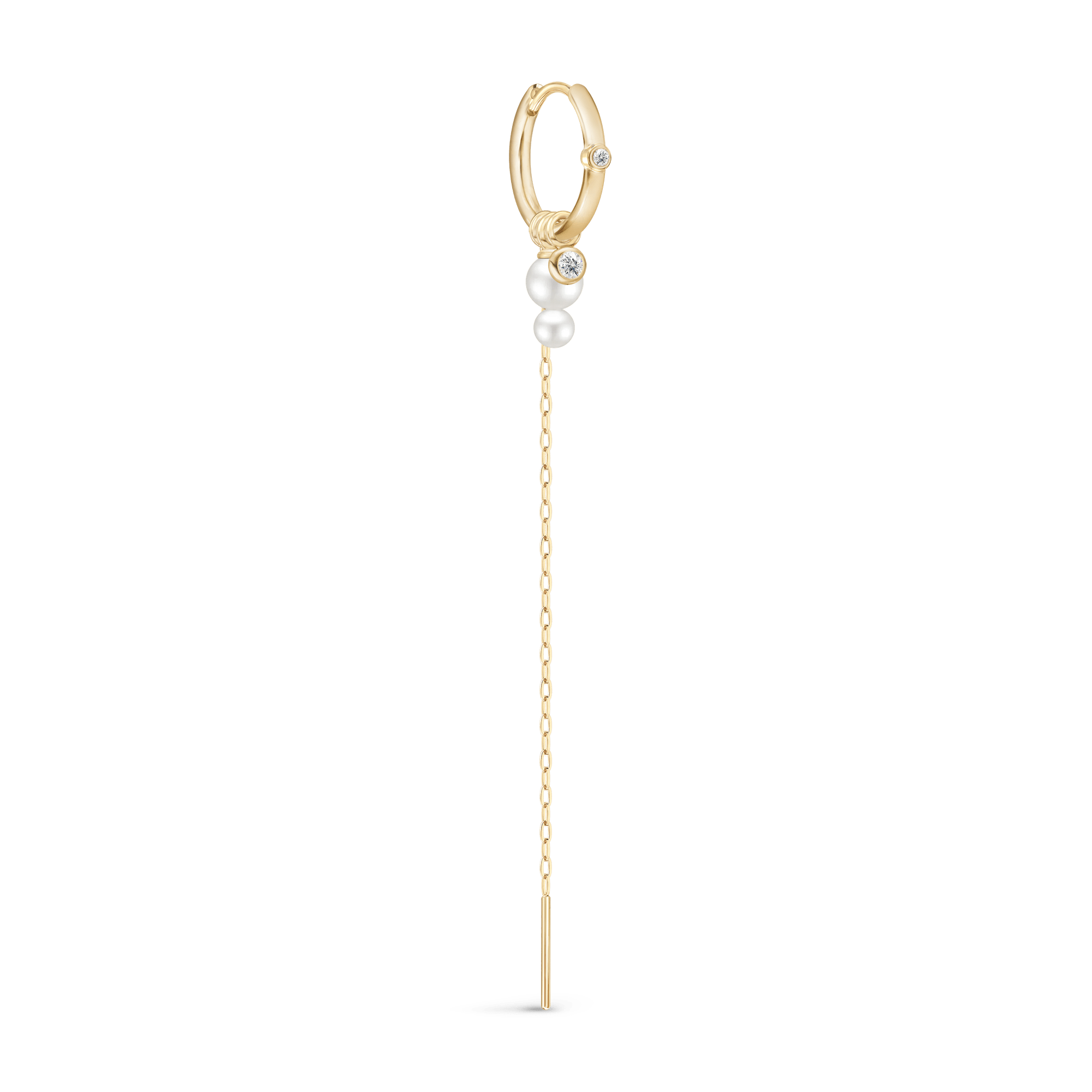 Guld hoop-ørering med perle og diamant samt lang kædedrop fra Purity og Eden Ear Pendant looket, studiofoto