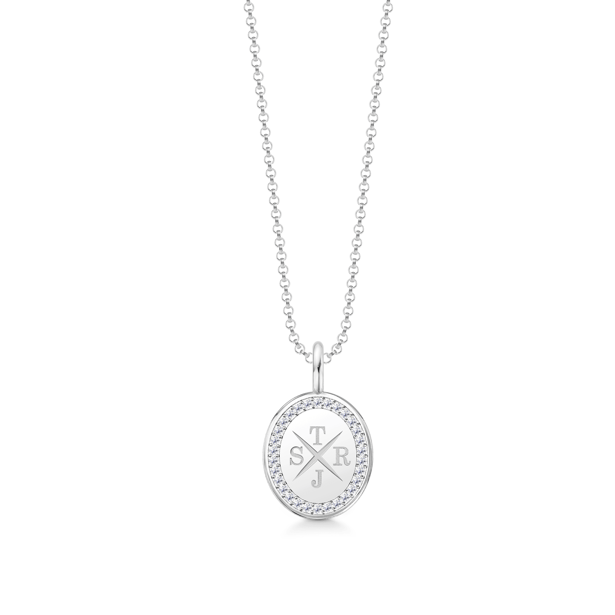 Medaljon-halskæde i 18K hvidguld med diamantkant og eksempel på gravering
