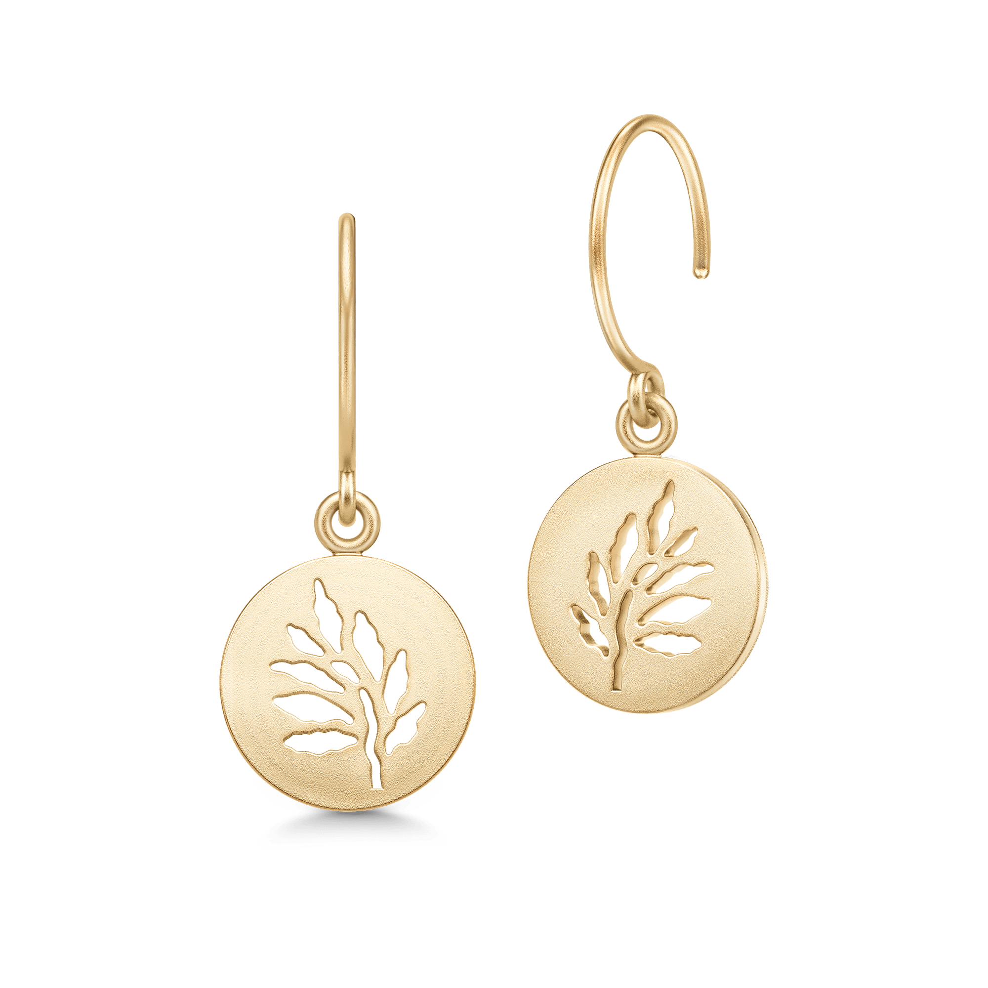 Signature øreringe i guld med Tree of Life-logo på rund disk, set forfra og fra siden