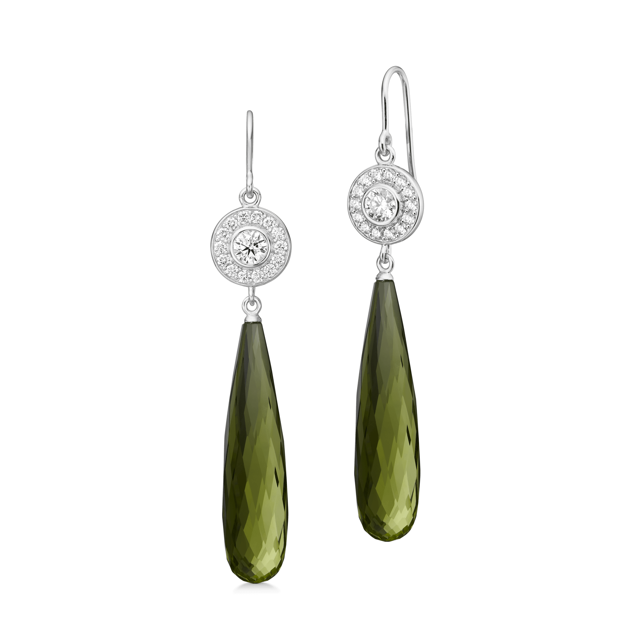 Heritage Earrings med diamantbesat cirkel og aftagelig olivengrøn quarts-briolette i hvidguld, par