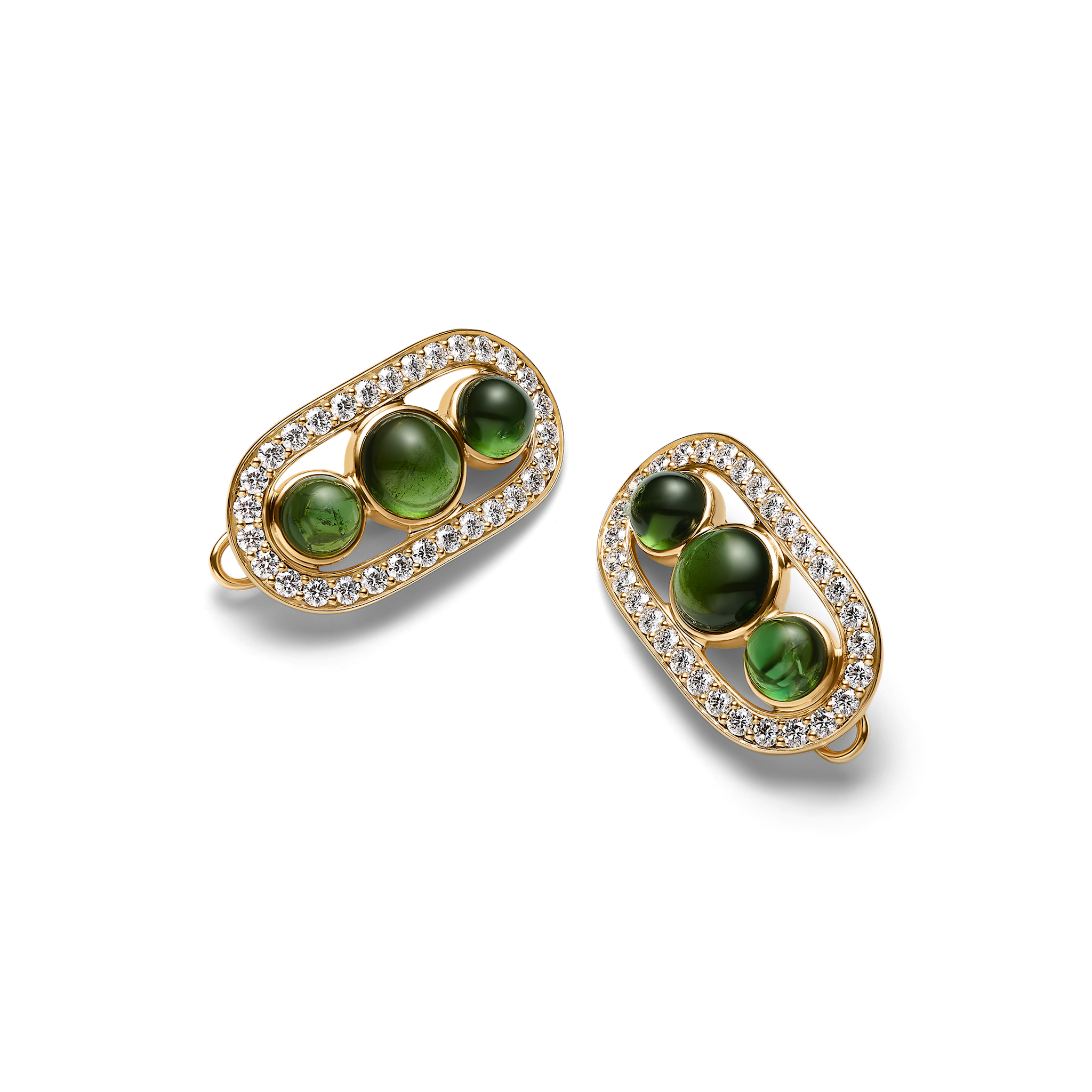 Heritage Hair Clip i 18K guld med grønne cabochon-sten og diamantkant, sæt af to hårspænder fotograferet mod sort baggrund