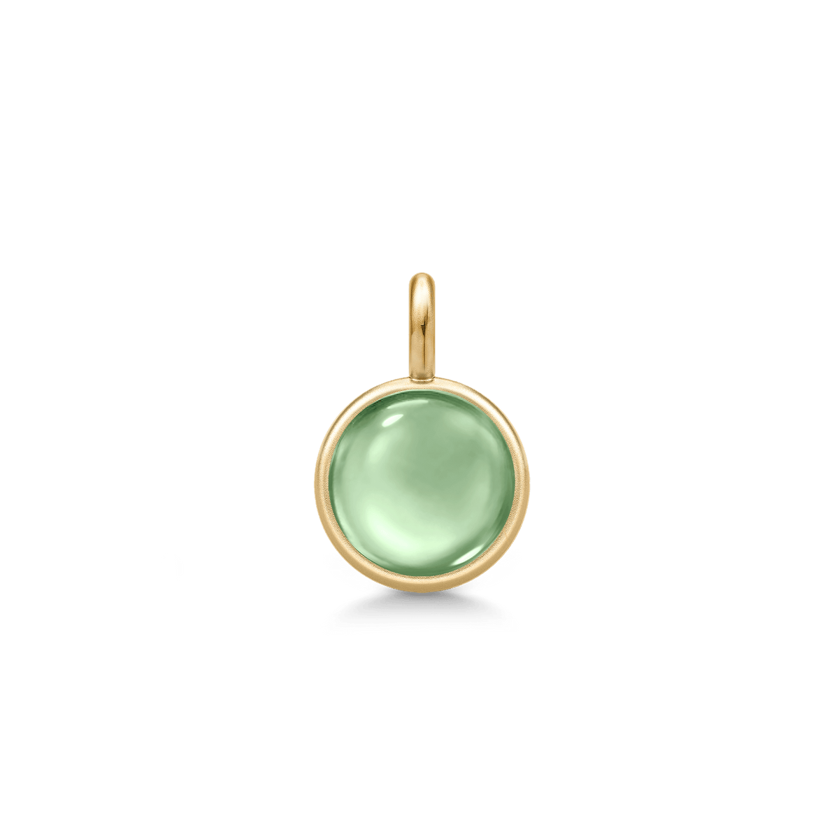 Prime Pendant i guld med lysegrøn cabochonslebet krystal, set forfra