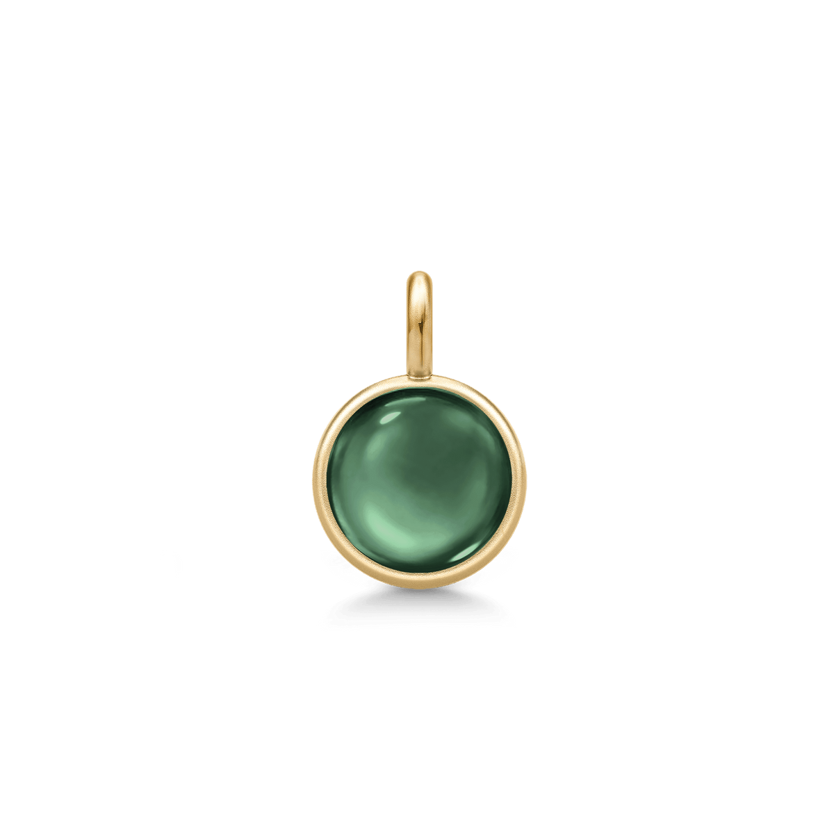 Prime Pendant i guld med mørkegrøn cabochonslebet krystal, set forfra