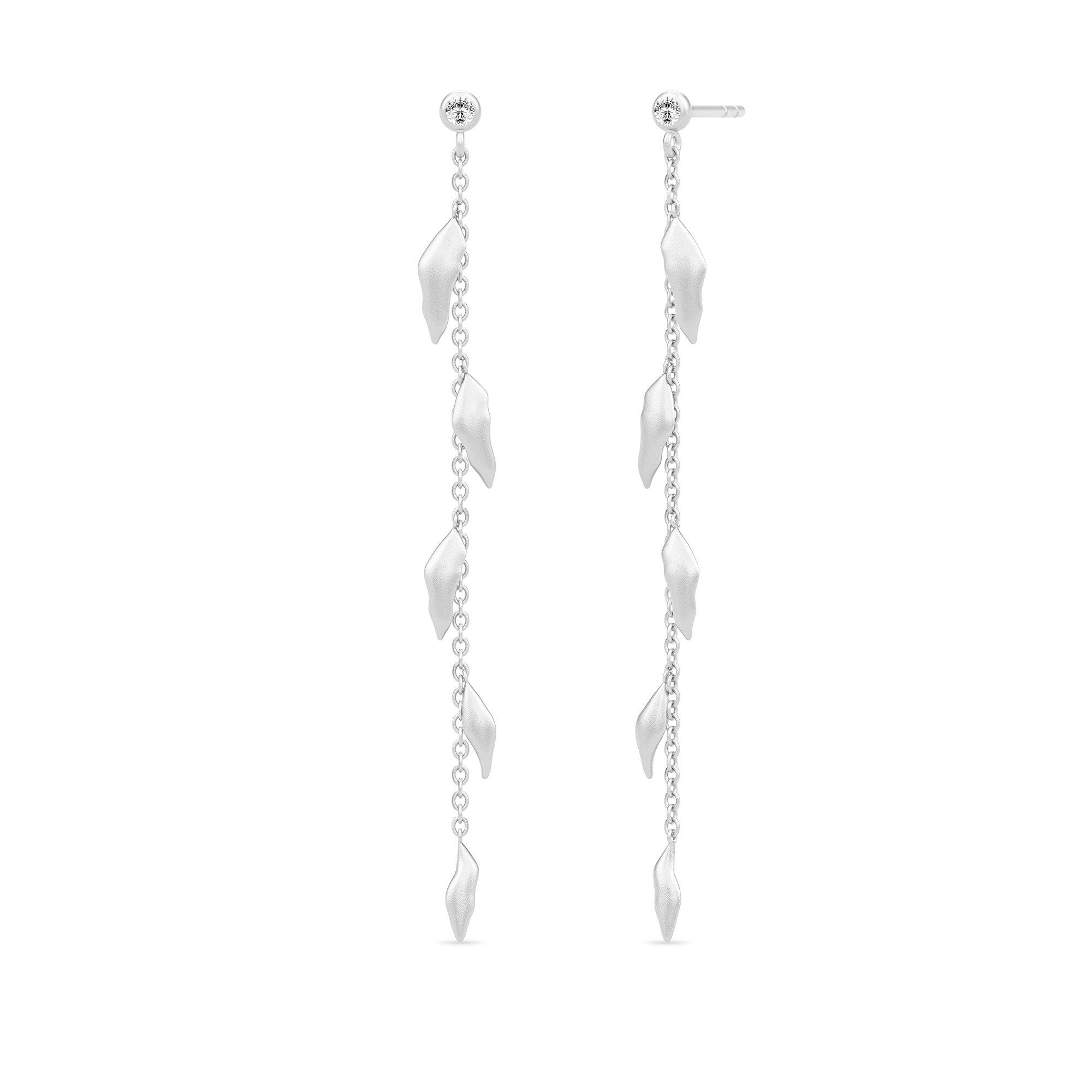 Tree of Life Chain Earrings i rhodineret sølv med hængende kæde af blade og zirkonia, par set forfra