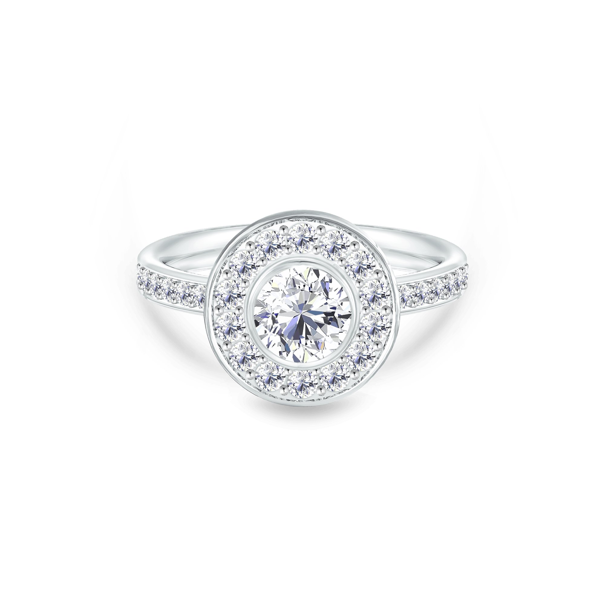 Heritage 0,9 ct. ring fra Julie Sandlau - halo-ring i hvidguld med centerdiamant omgivet af diamanter og diamantbesat ringskinne