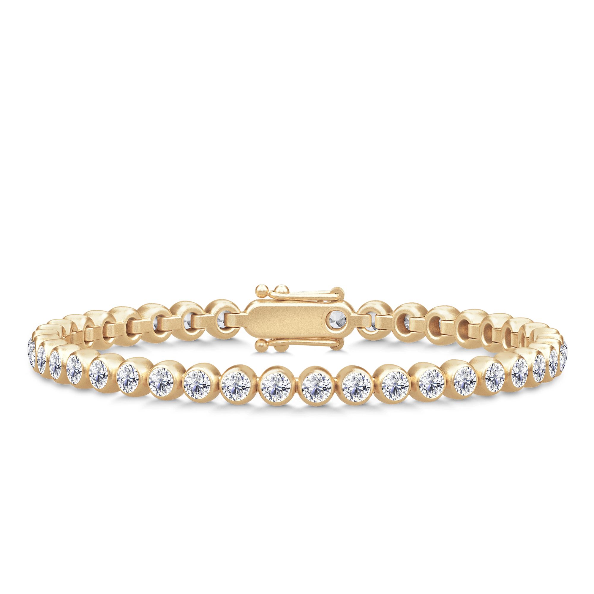 Lumi Bracelet i 18kt guld, tennisarmbånd med brillantslebne diamanter i rundbezel-fatning, set forfra.