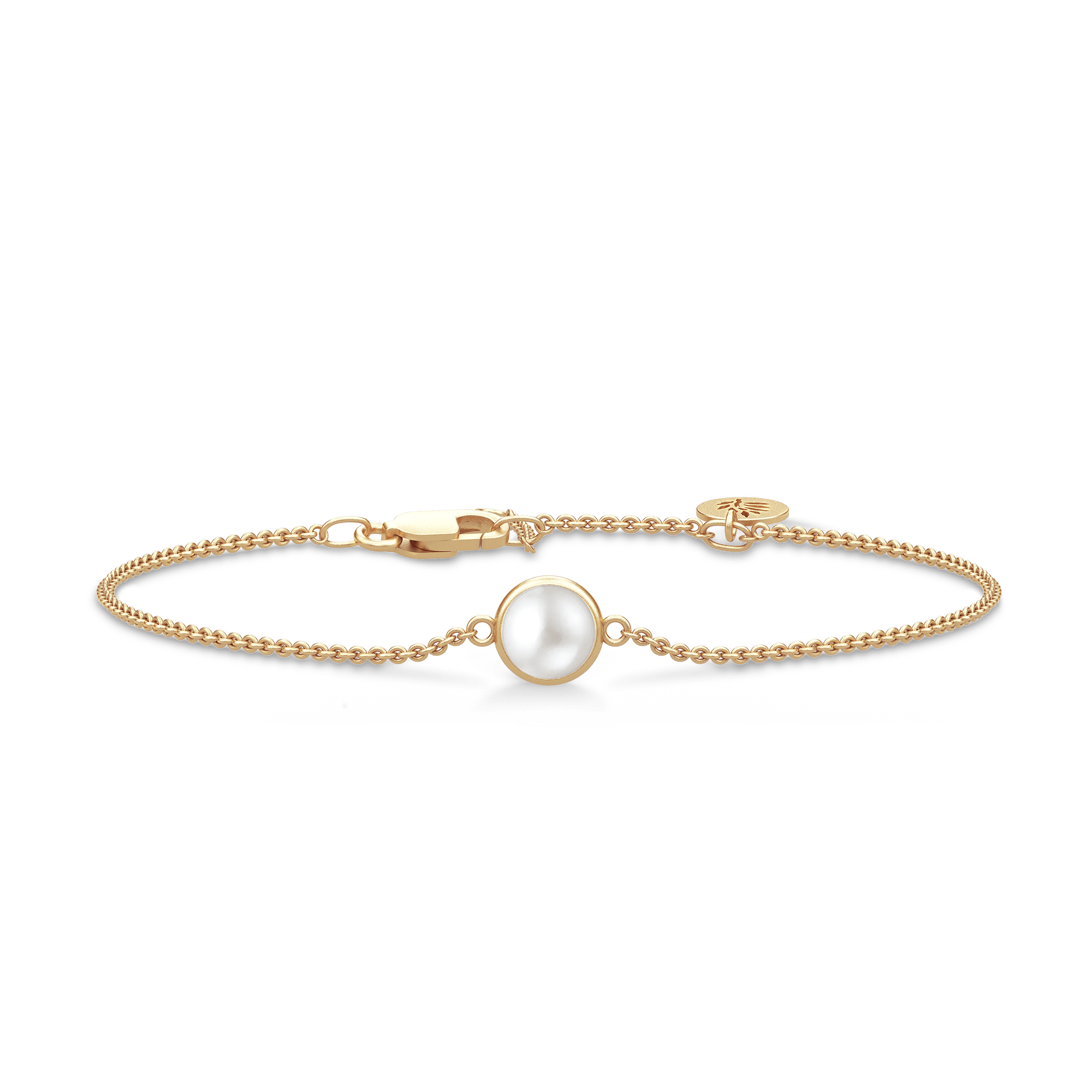 Primini Bracelet i 14K guld med satin finish og en ferskvandsperle, kædearmbånd set ovenfra