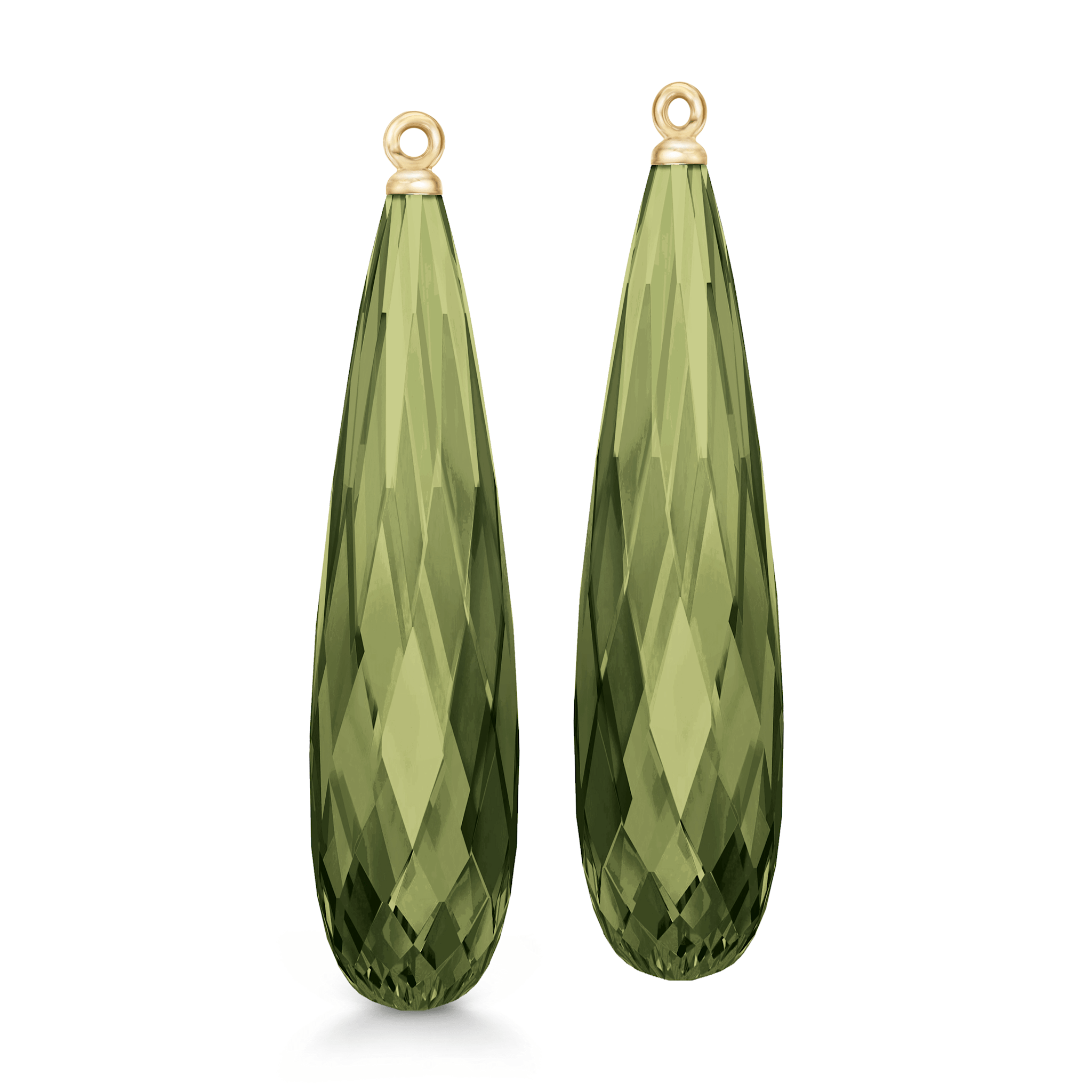 Briolette Ear Pendants Olive Quartz, par af facetslebne oliven-grønne quartz-dråber i 18kt guld