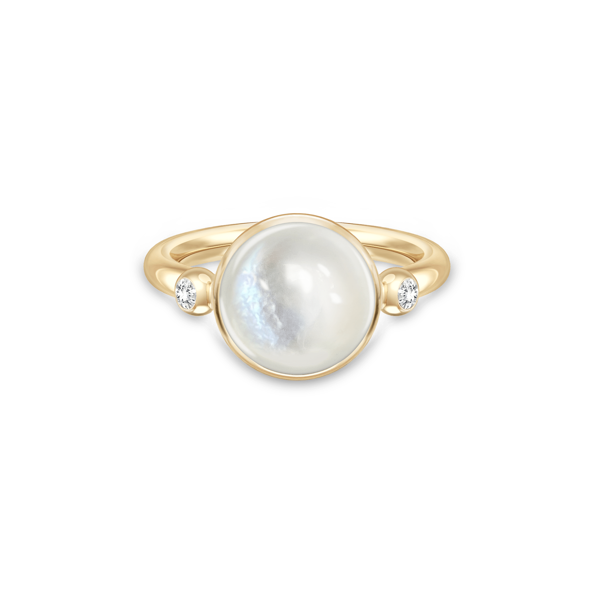 Carla Ring i guld med rund hvid cabochon-slebet sten og to små sidesten, set ovenfra