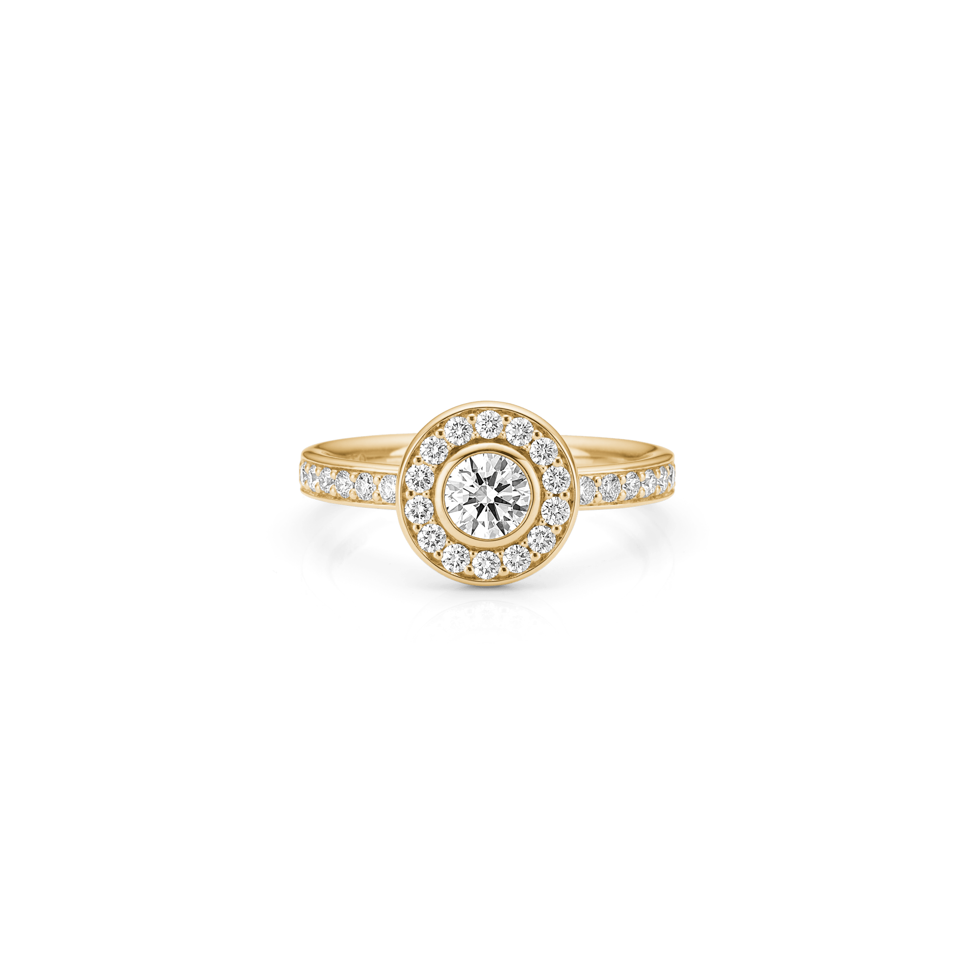 Heritage P.S. Ring i 18K guld med rund diamant omkranset af diamanthalo, set forfra