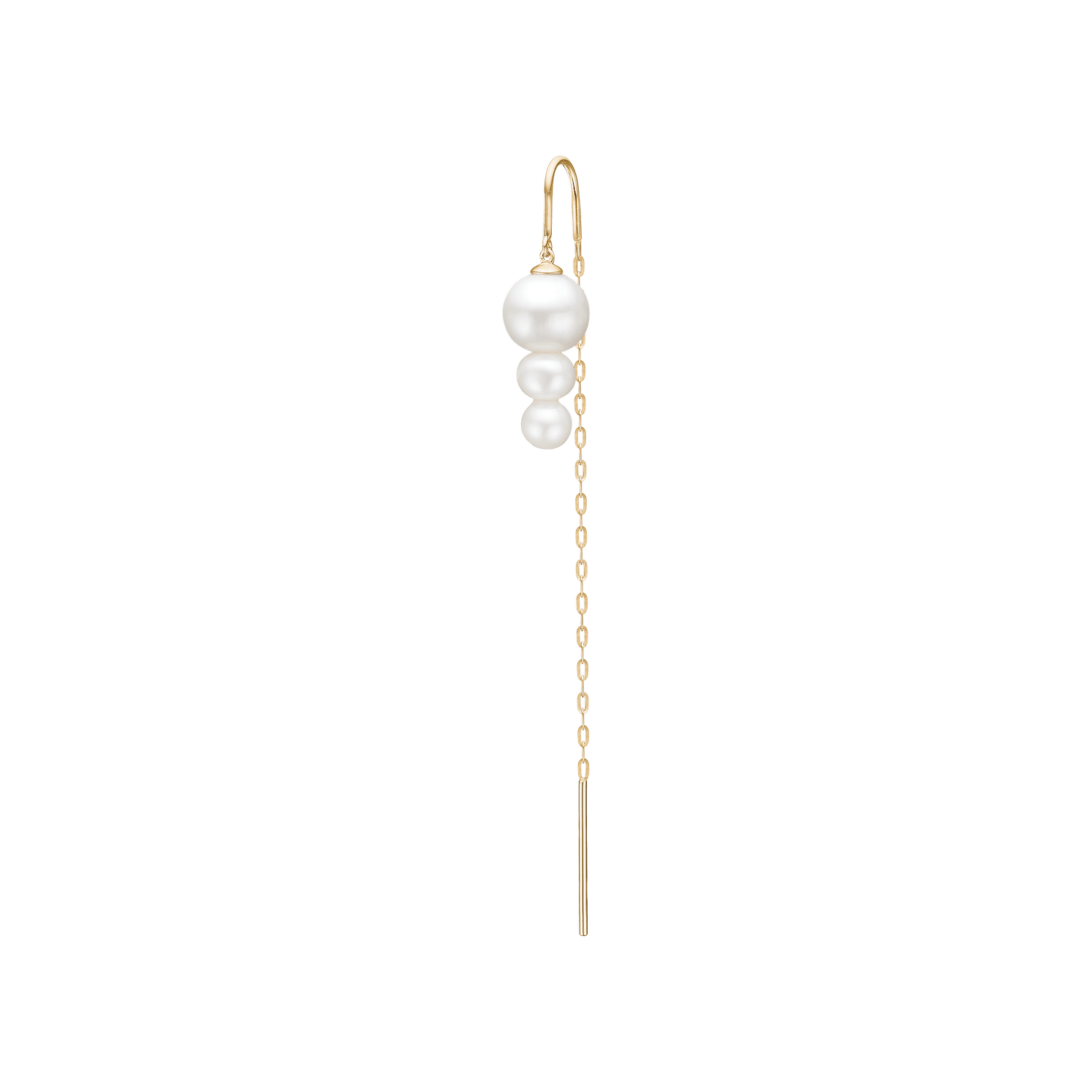 Eden Chain Earring med tre hvide ferskvandsperler og lang kæde i 14K guld