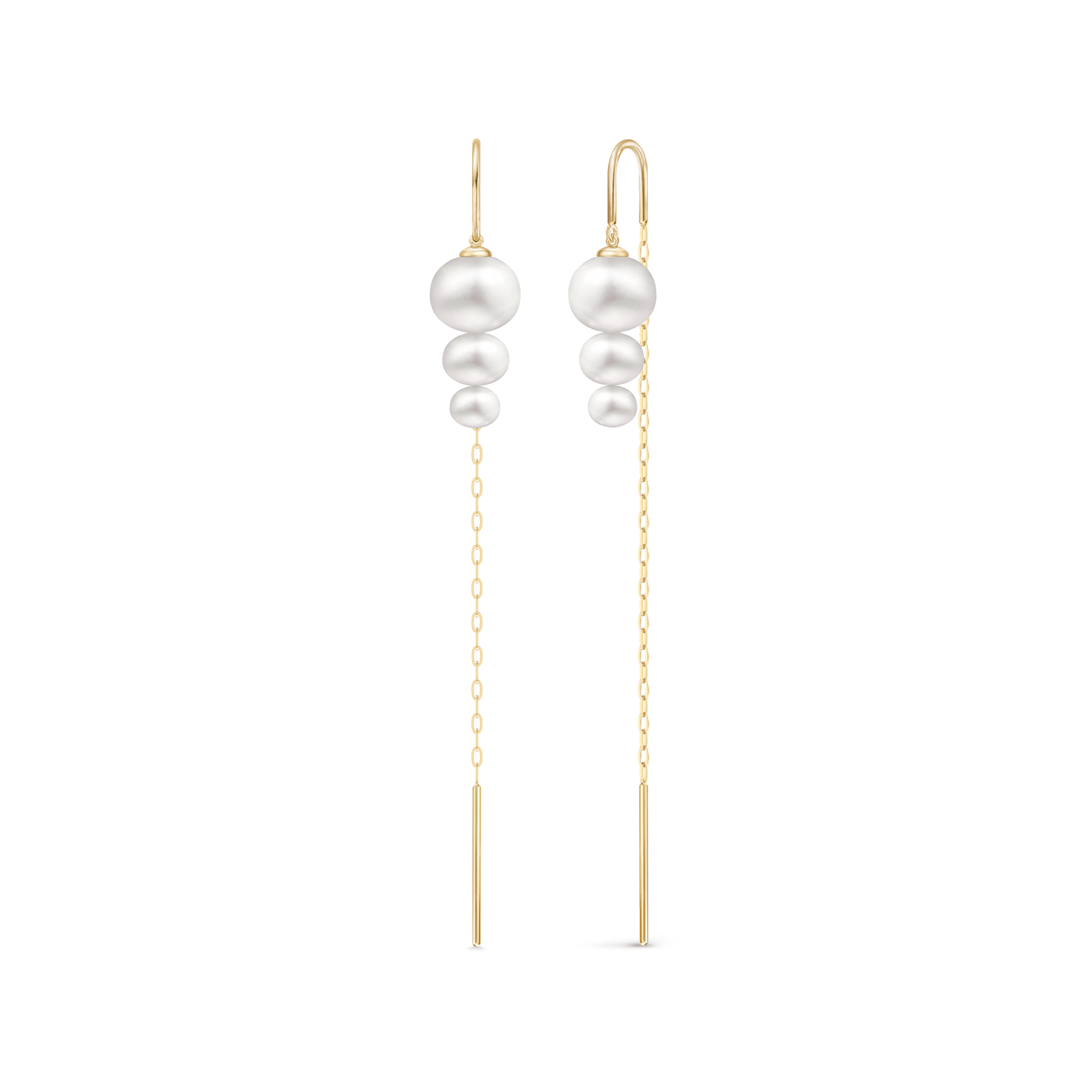 To Eden Chain Earring øreringe med ferskvandsperler og lange guldkæder vist side om side