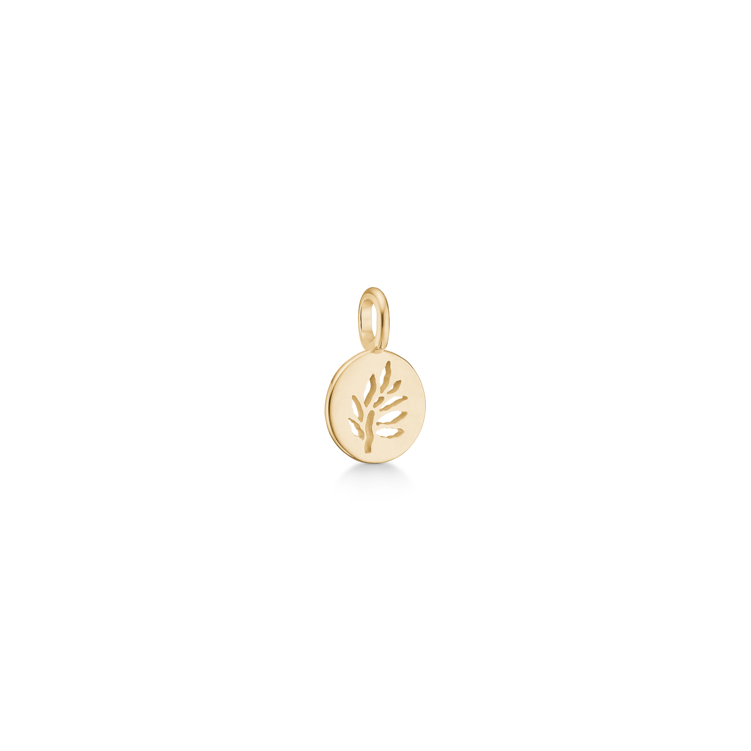Signature Pendant, rundt vedhæng i 14K guld med udskåret Tree of Life-logo, sidevinkel