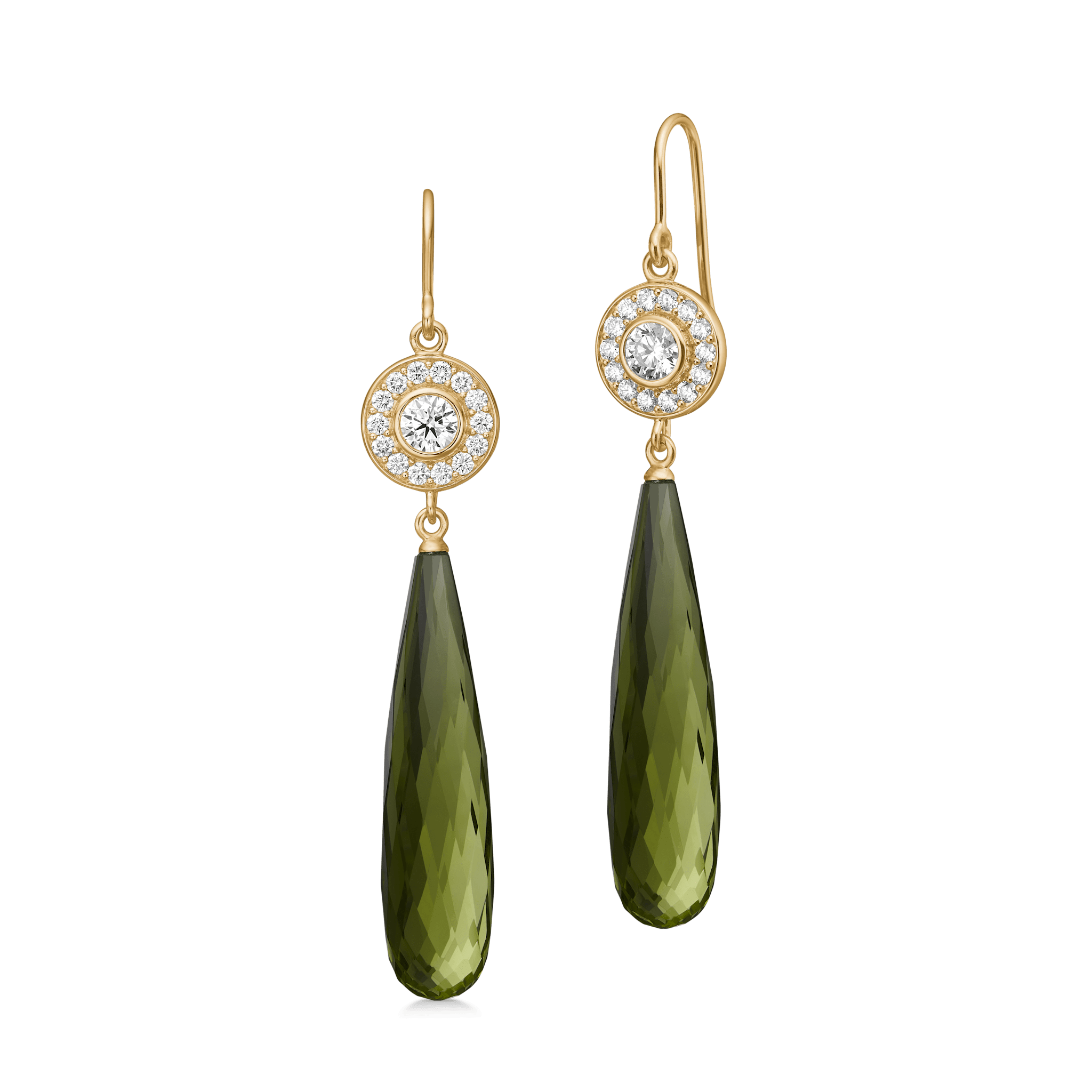 Heritage øreringe i 18K guld med diamantbesat rundel og facetteret Olive Quartz-dråbe