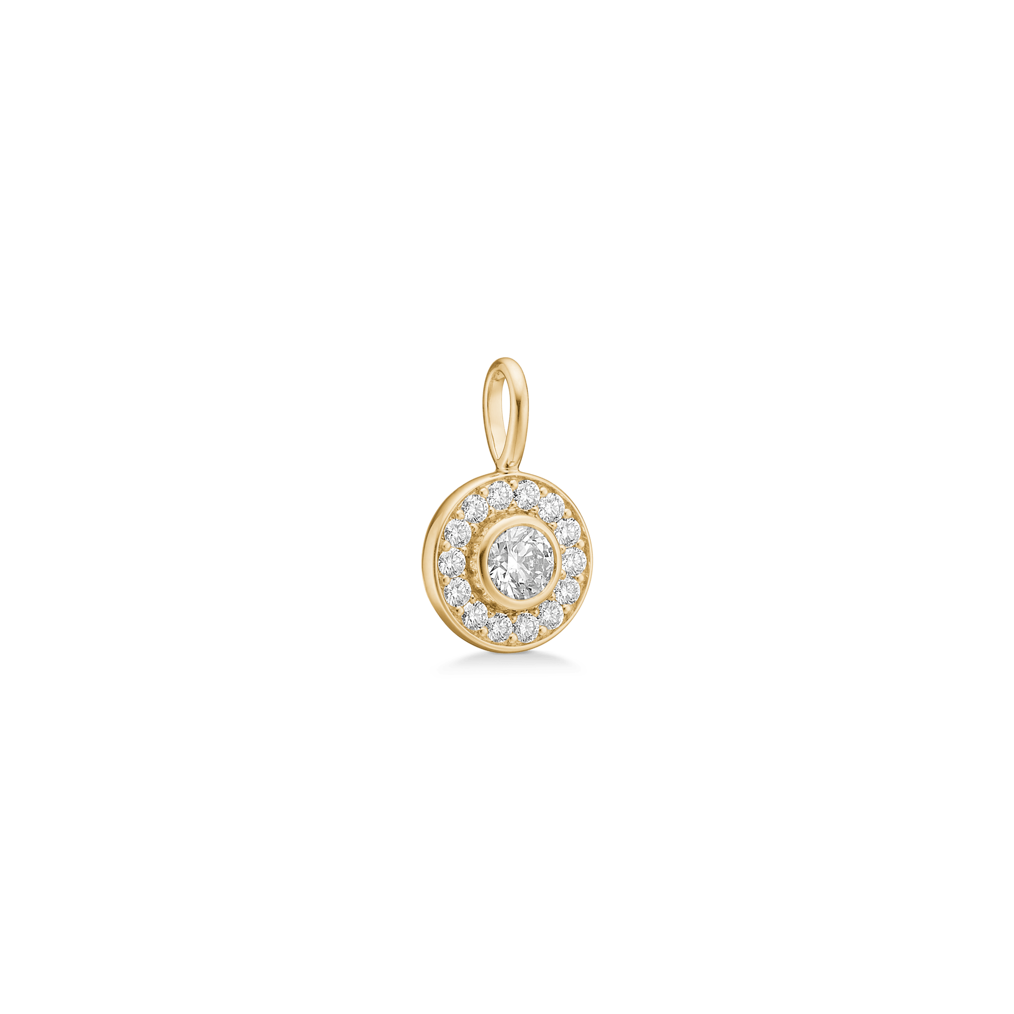 Heritage Pendant i 18K guld set fra siden, rund halo-design med diamanter
